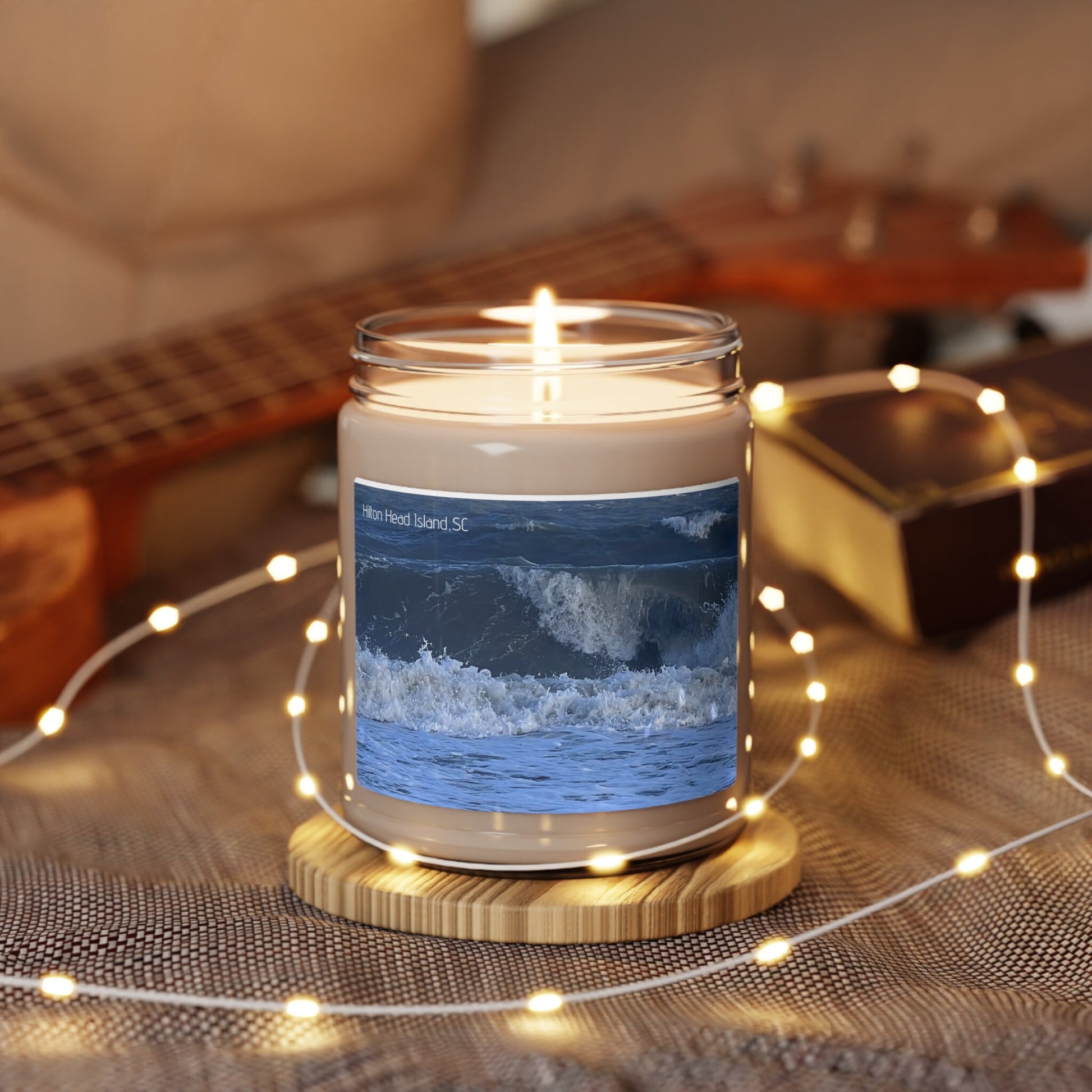 Jar Candle (9oz) With Blue Waves On The Shore of HHI