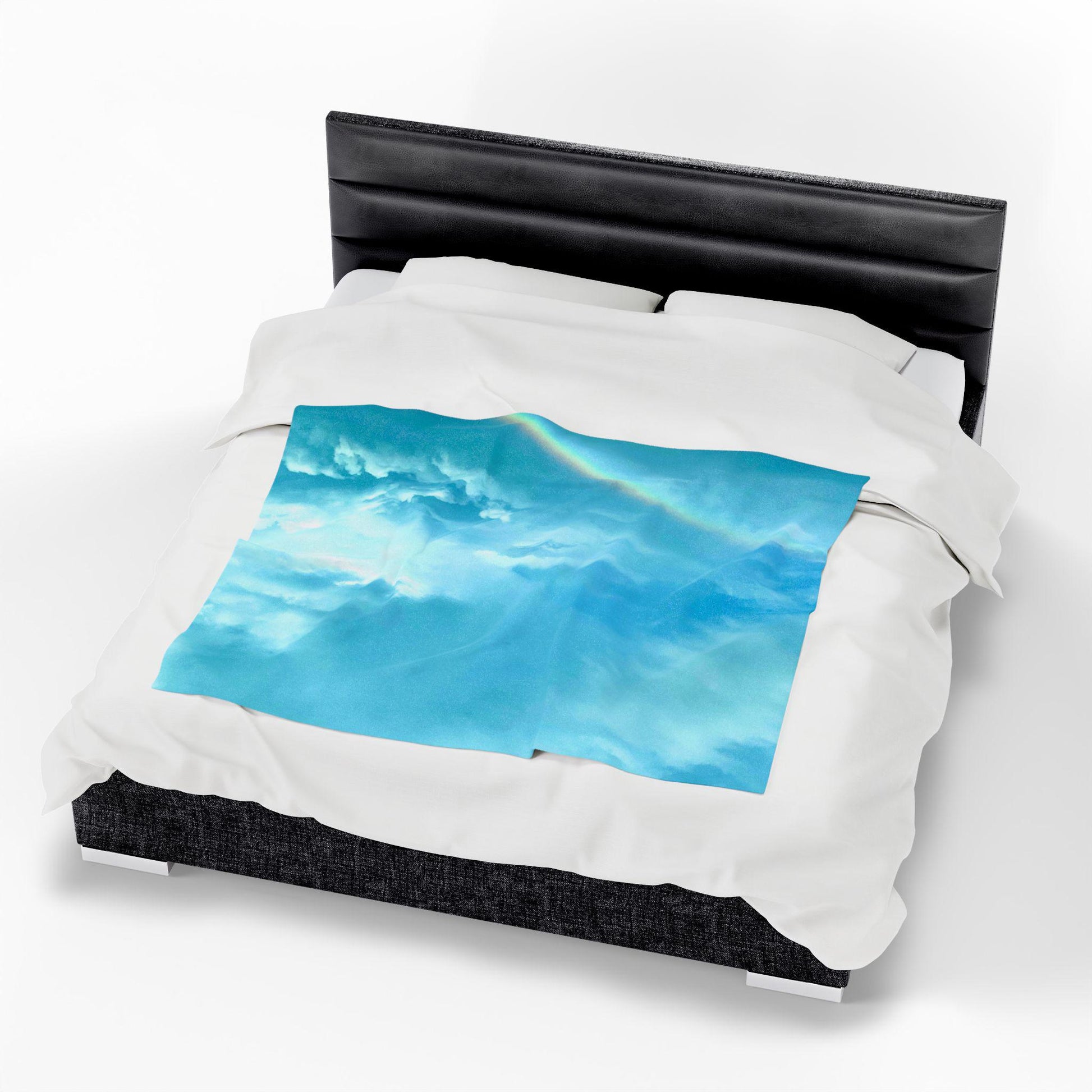 Velveteen Blanket With Blue Sky, Clouds and Rainbow