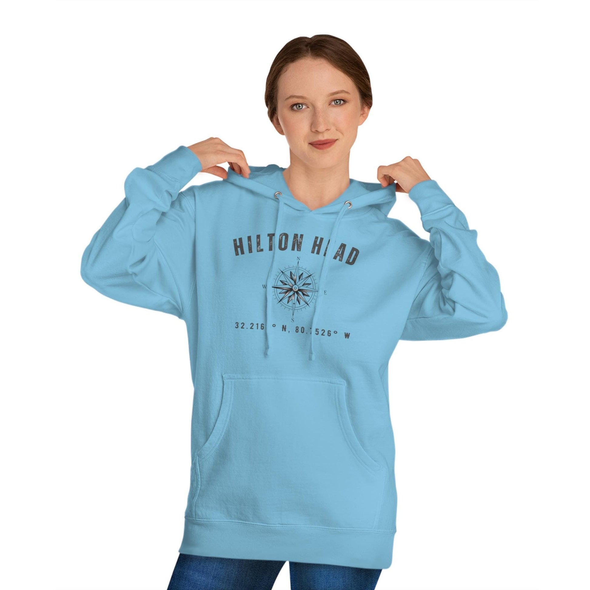 Hoodie Sweatshirt with Compass Rose and Latitude/Longitude Coordinates of HHI