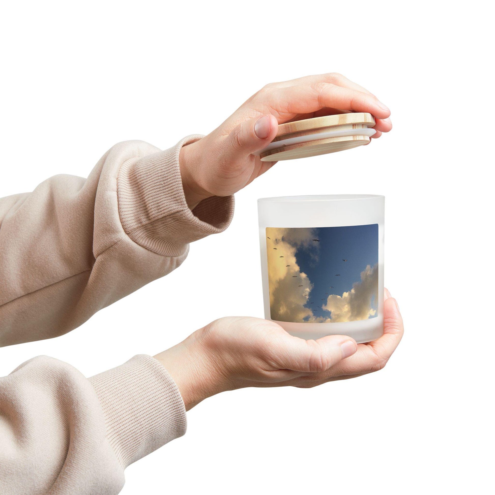 Wood Wick Container Candle Sand Hill Cranes In Blue Sky and clouds (11 oz.)