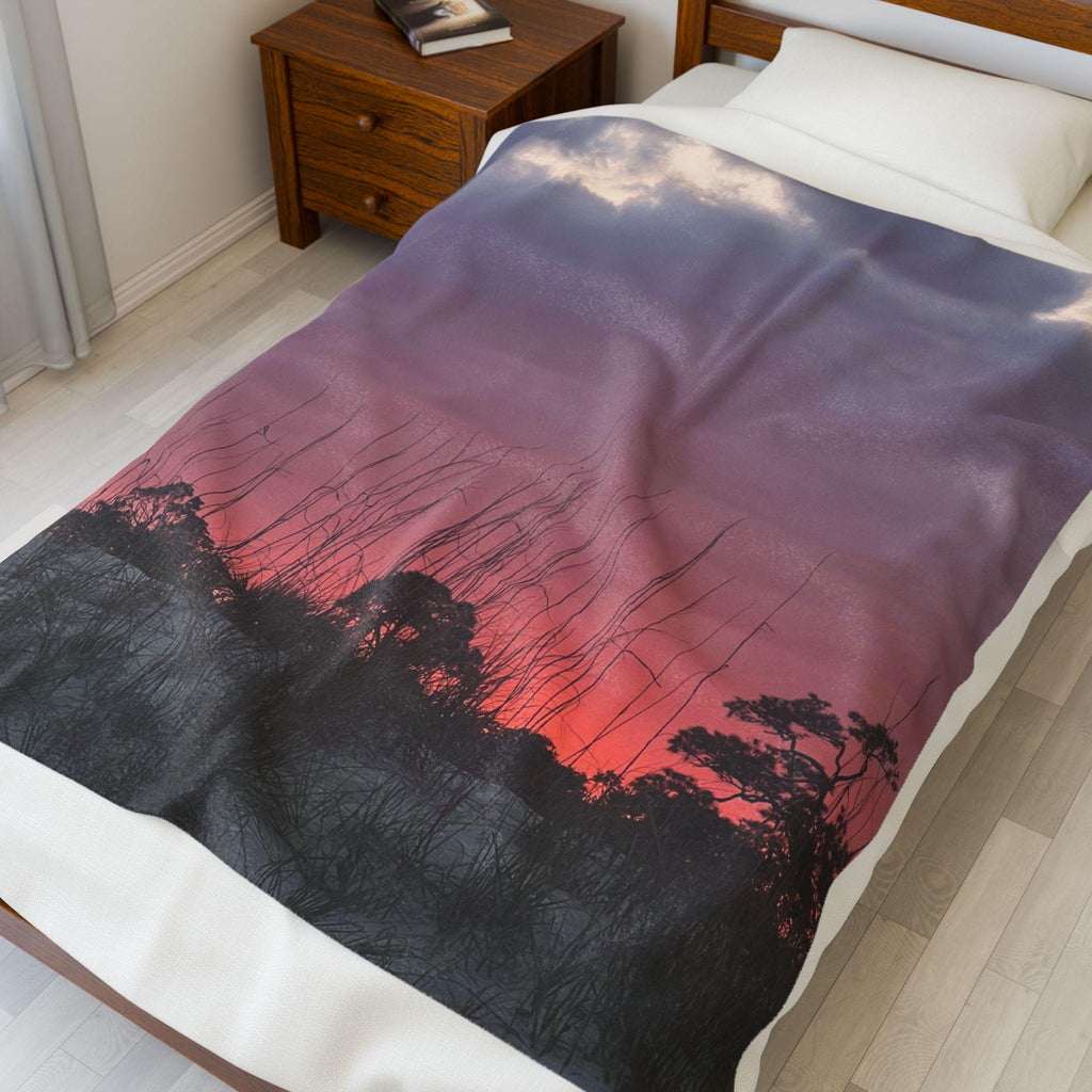 Velveteen Blanket With Purple and Orange Sunset And Dunes