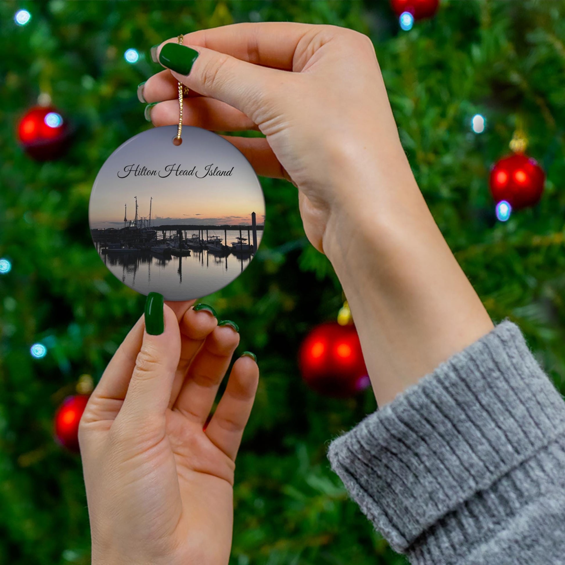 Christmas Ornament With Fishing Boat on Skull Creek at Sunset, HHI