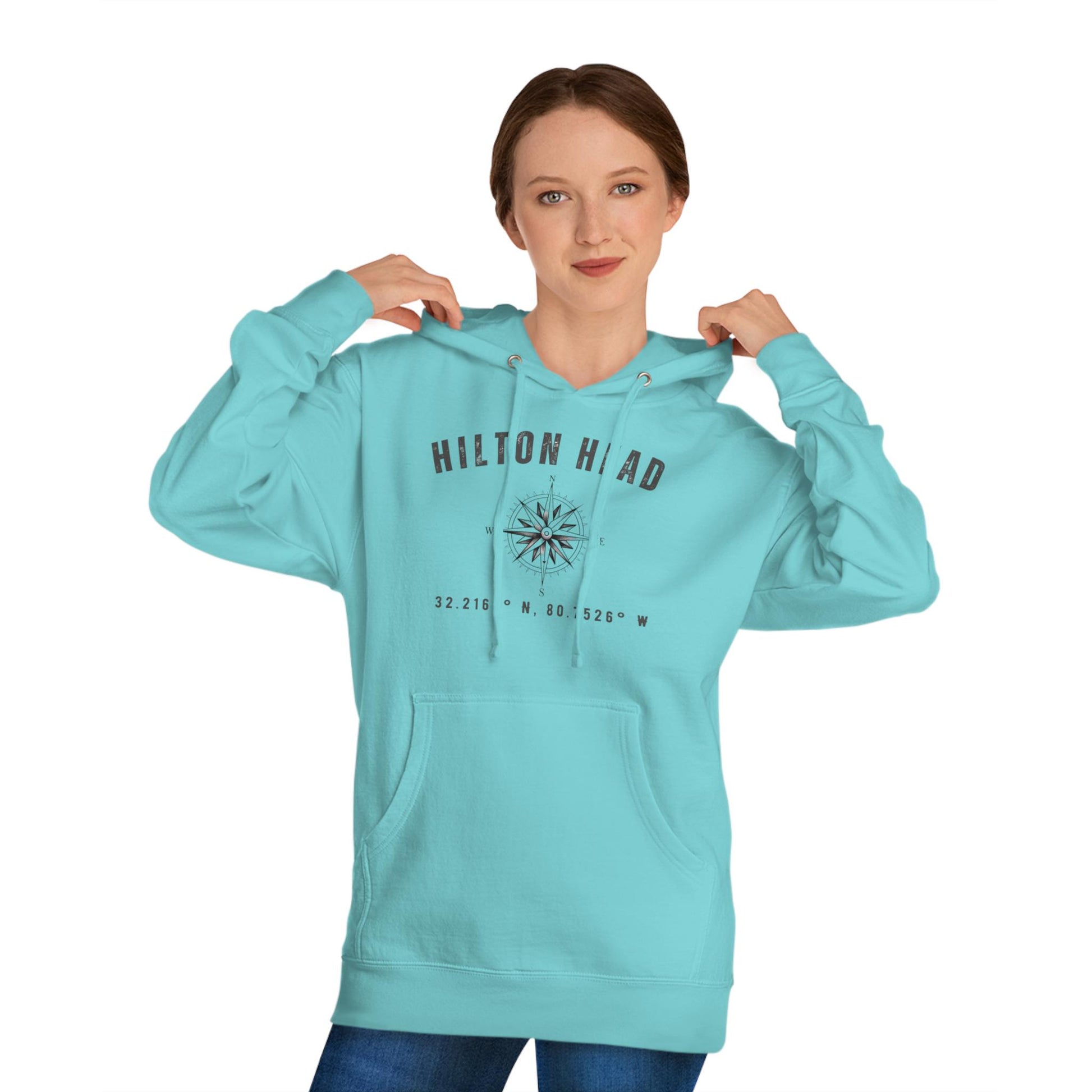 Hoodie Sweatshirt with Compass Rose and Latitude/Longitude Coordinates of HHI