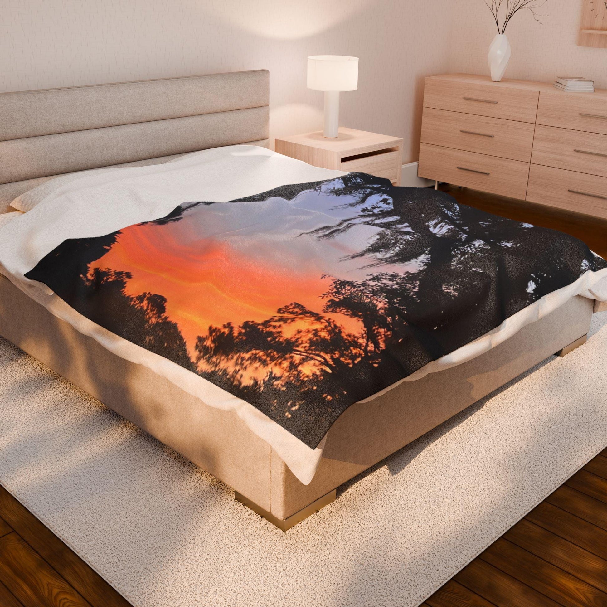 Velveteen Blanket with Image of Live Oak and Spanish Moss At Sunset