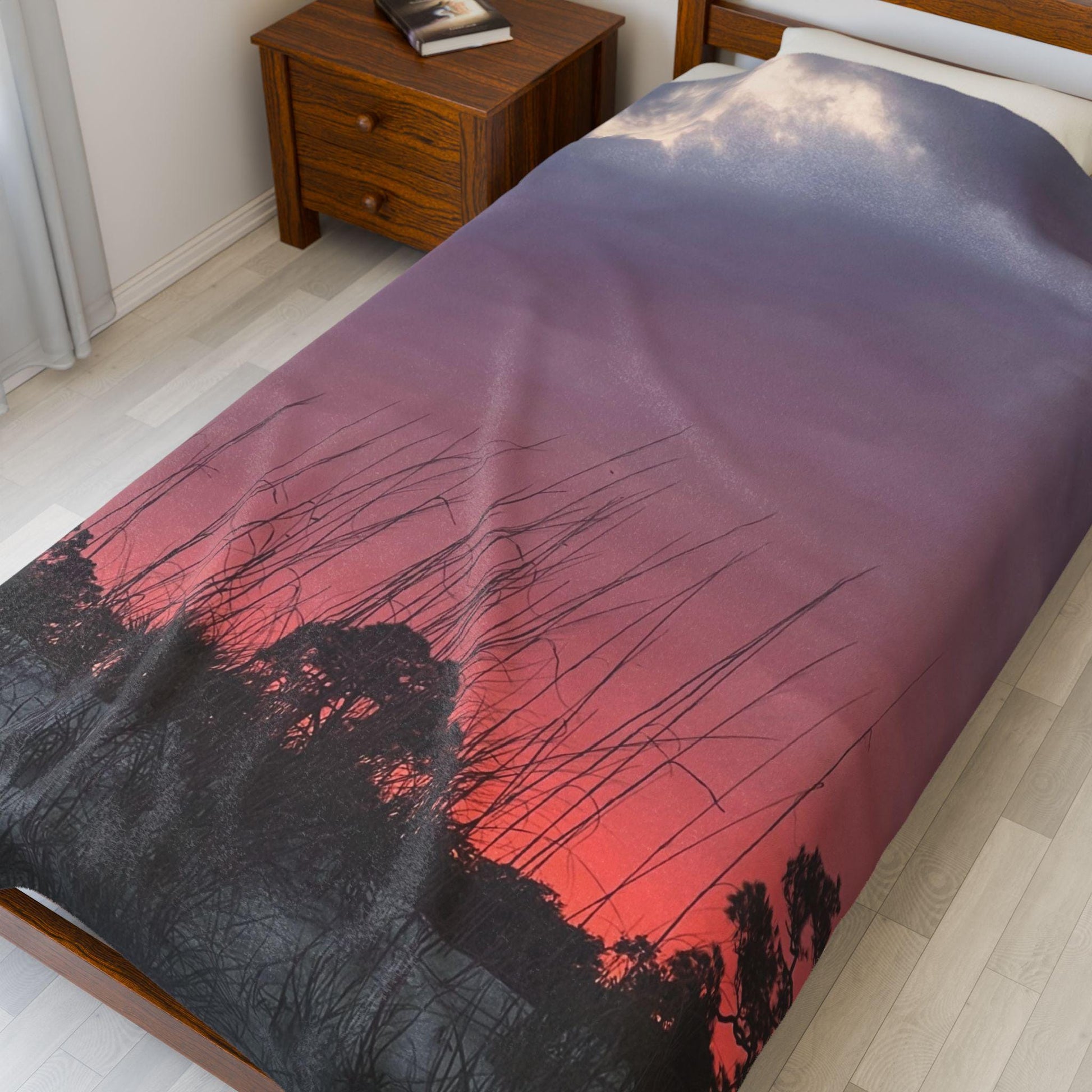 Velveteen Blanket With Purple and Orange Sunset And Dunes