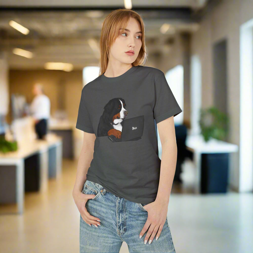 T-Shirt With Tech Savvy Bernese Mountain Dog On Laptop