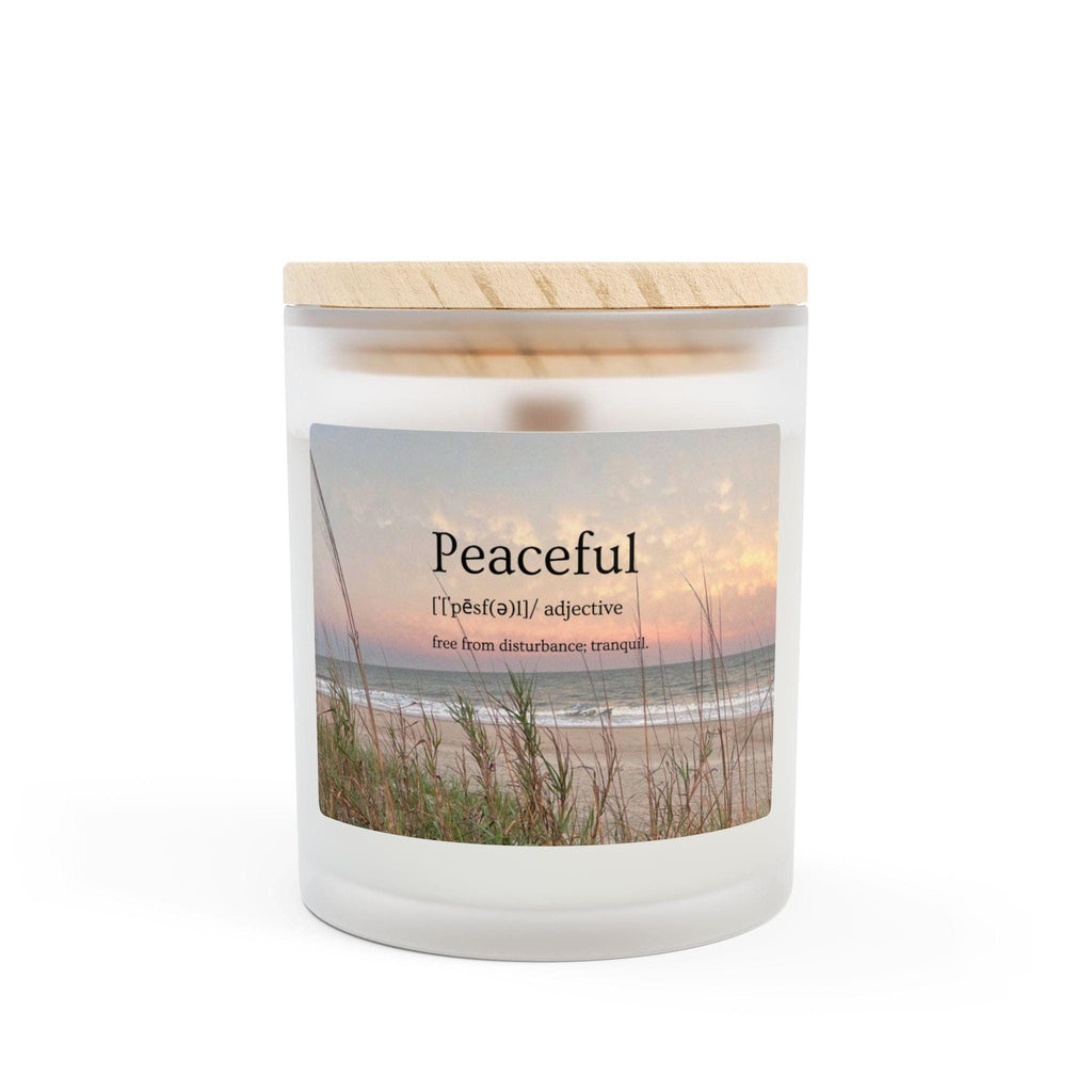 Wood Wick Container Candle With Word "Peaceful" And A Hilton Head Beach Sunset (11 oz.)