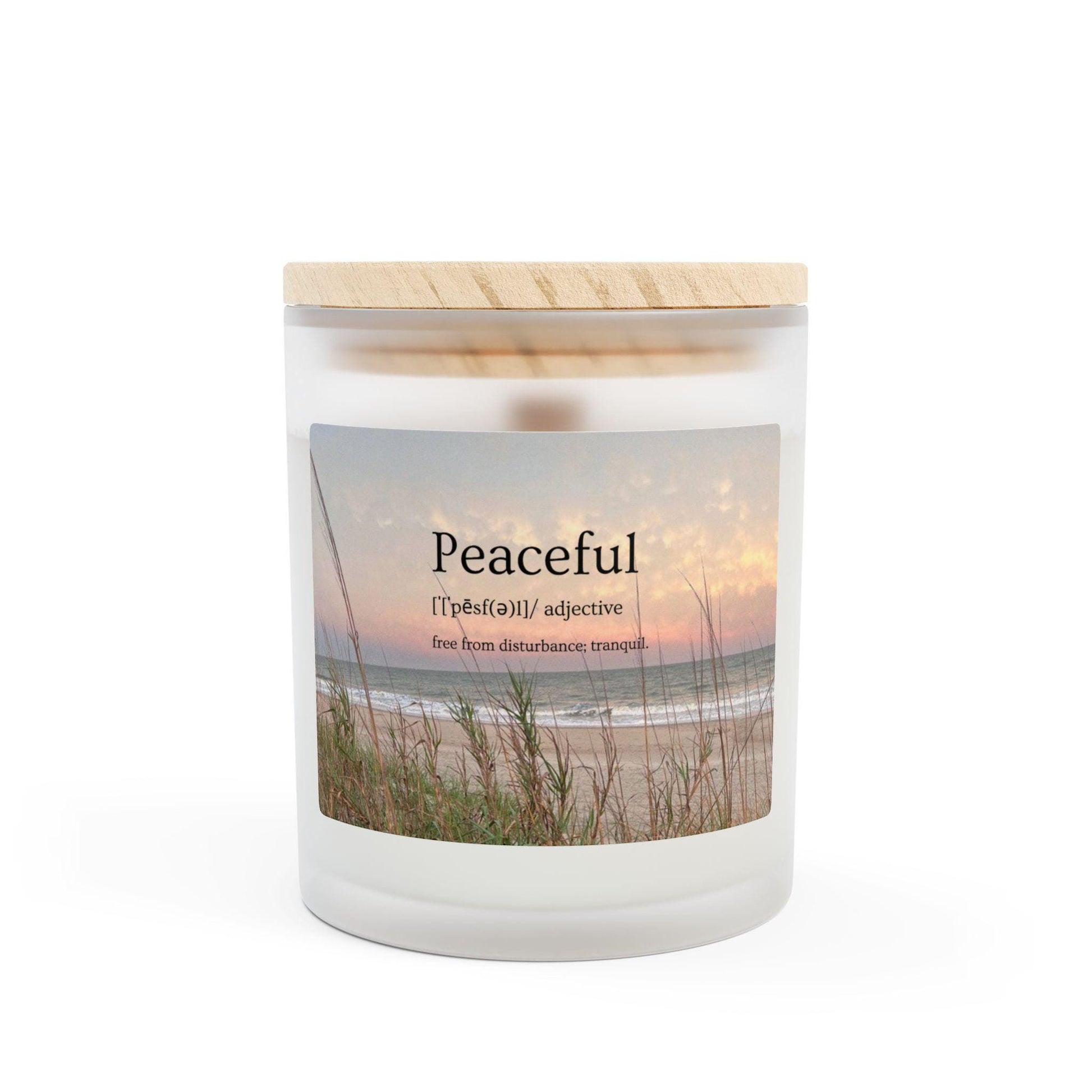 Wood Wick Container Candle With Word "Peaceful" And A Hilton Head Beach Sunset (11 oz.)