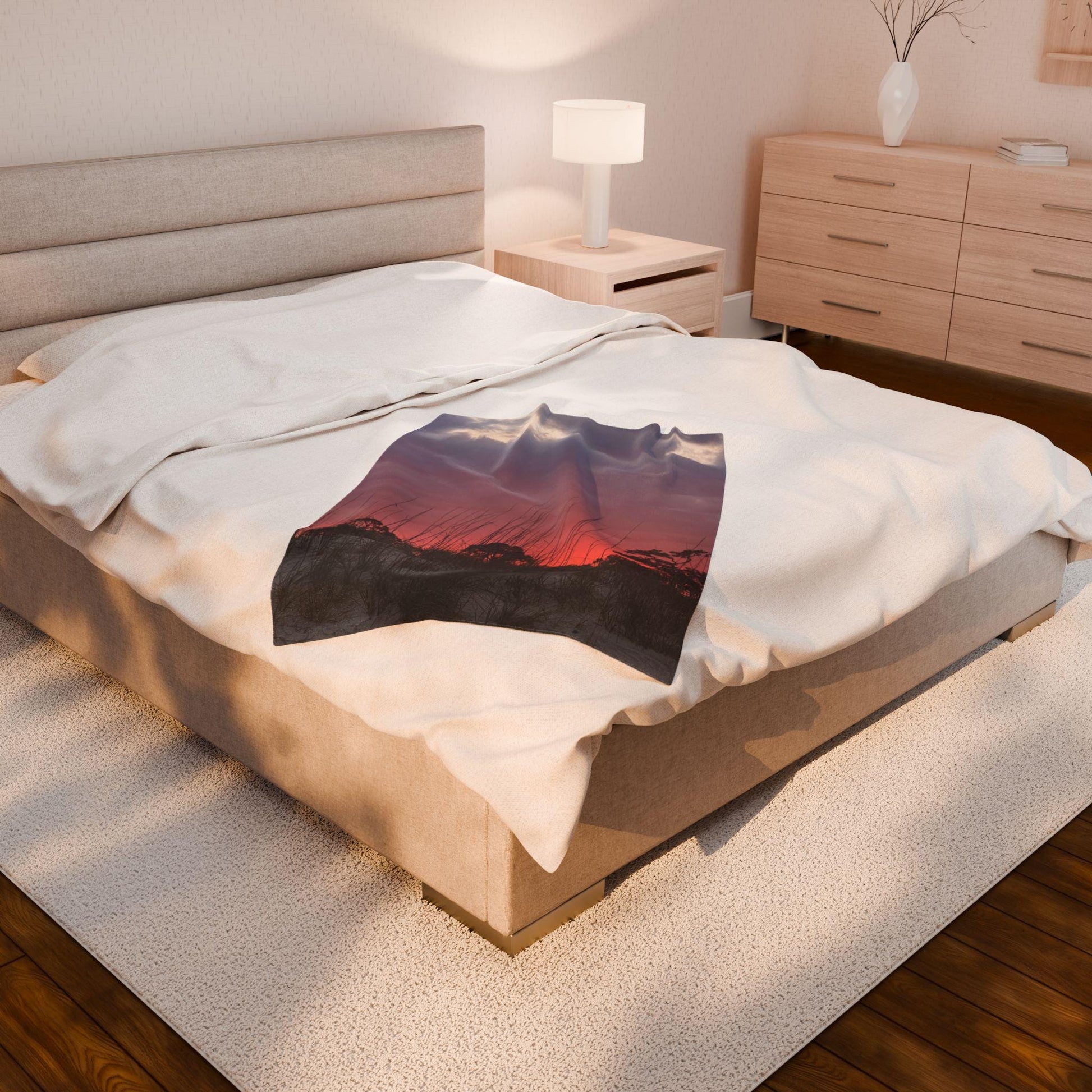 Velveteen Blanket With Purple and Orange Sunset And Dunes