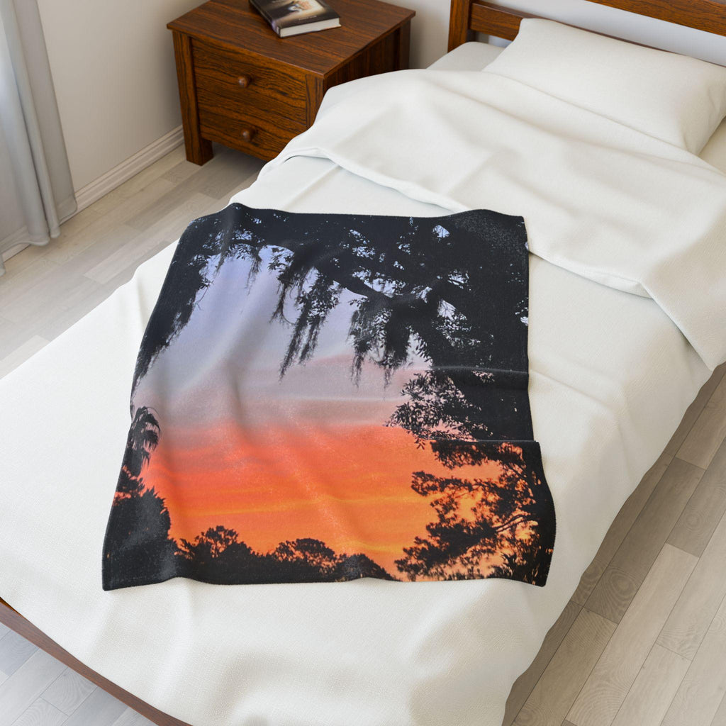 Velveteen Blanket with Image of Live Oak and Spanish Moss At Sunset
