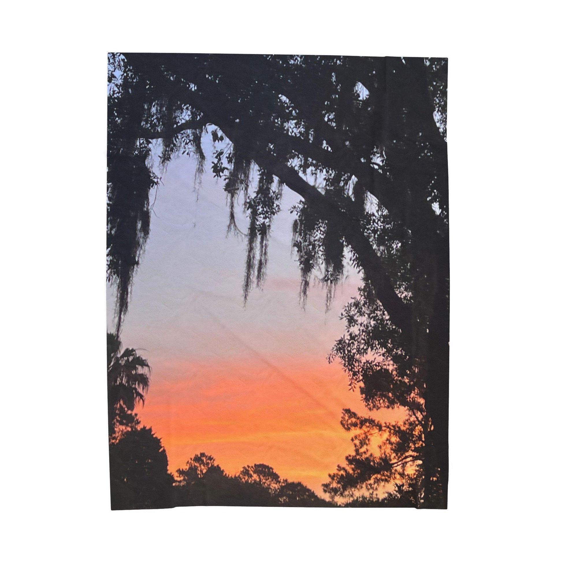 Velveteen Blanket with Image of Live Oak and Spanish Moss At Sunset