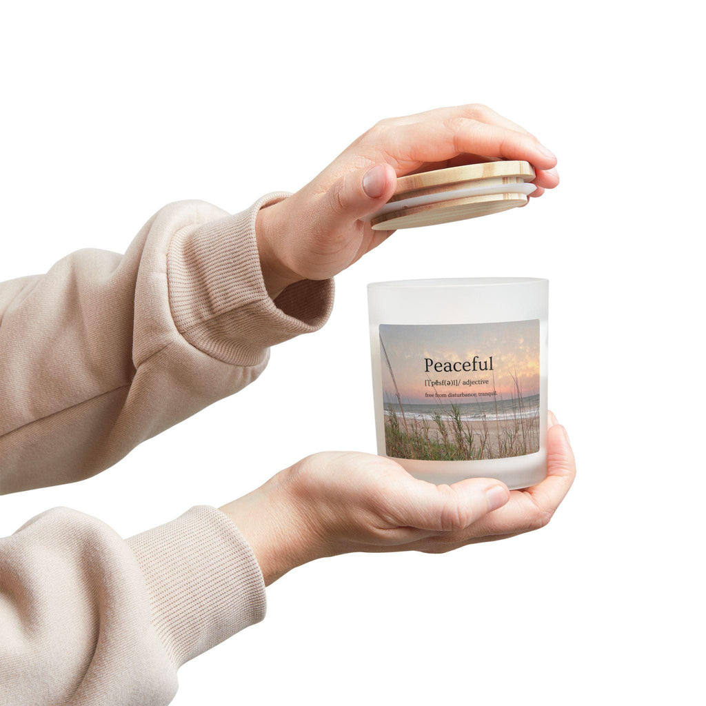 Wood Wick Container Candle With Word "Peaceful" And A Hilton Head Beach Sunset (11 oz.)
