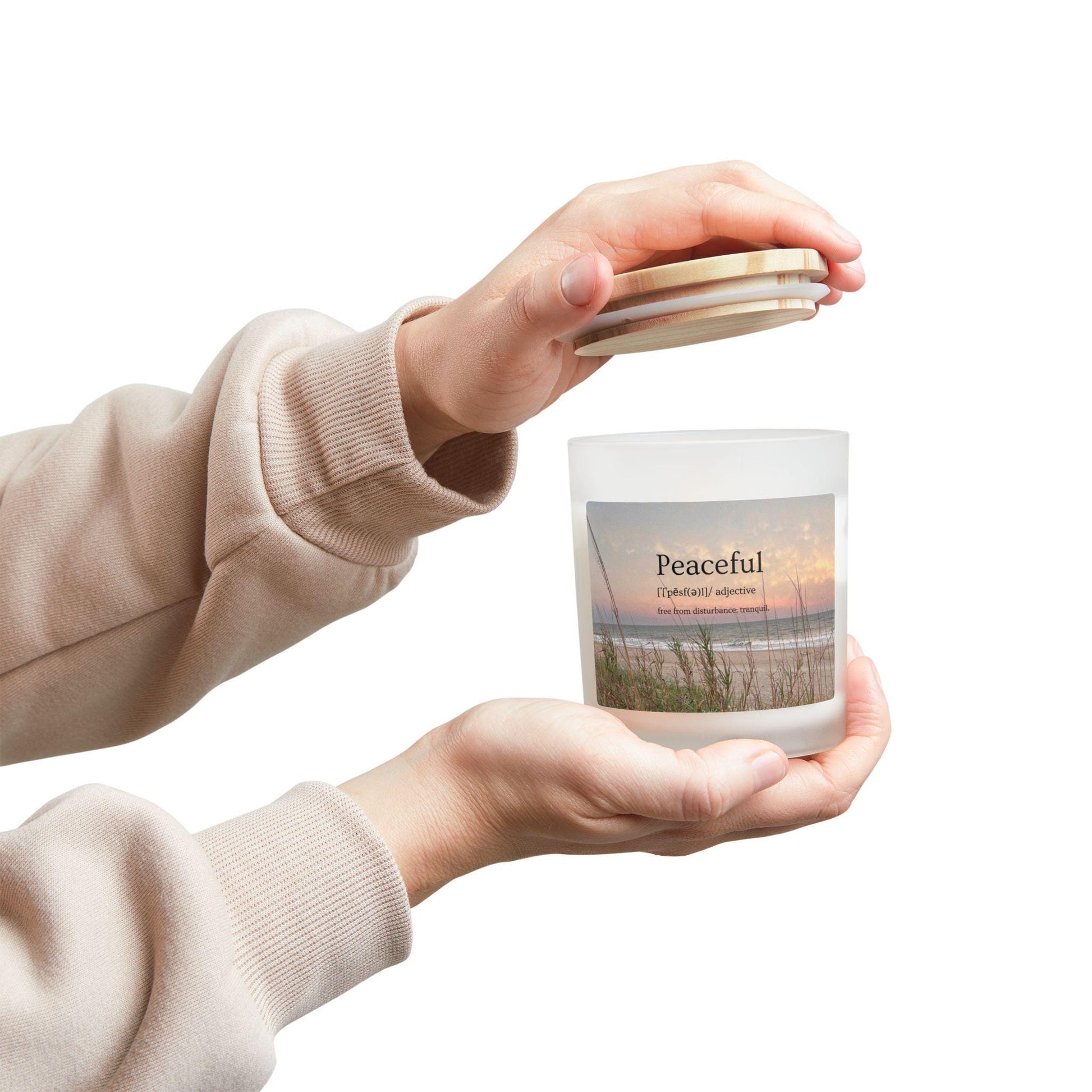 Wood Wick Container Candle With Word "Peaceful" And A Hilton Head Beach Sunset (11 oz.)
