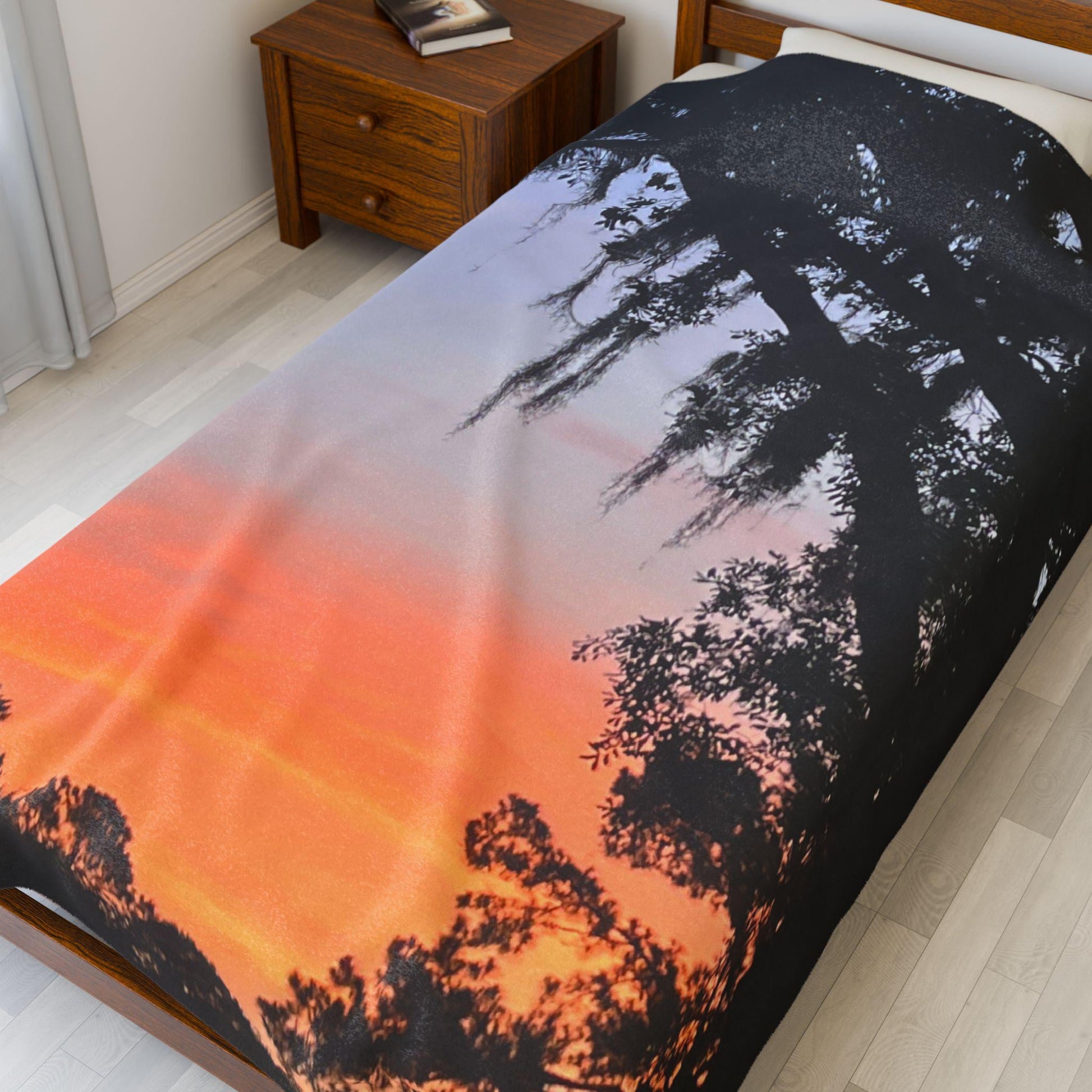 Velveteen Blanket with Image of Live Oak and Spanish Moss At Sunset