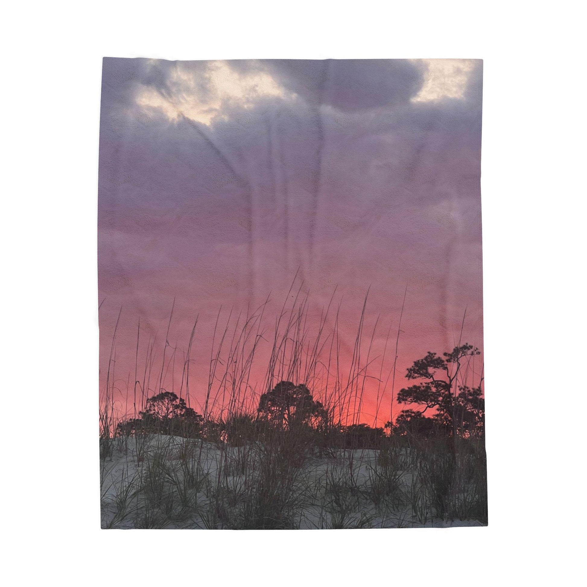 Velveteen Blanket With Purple and Orange Sunset And Dunes