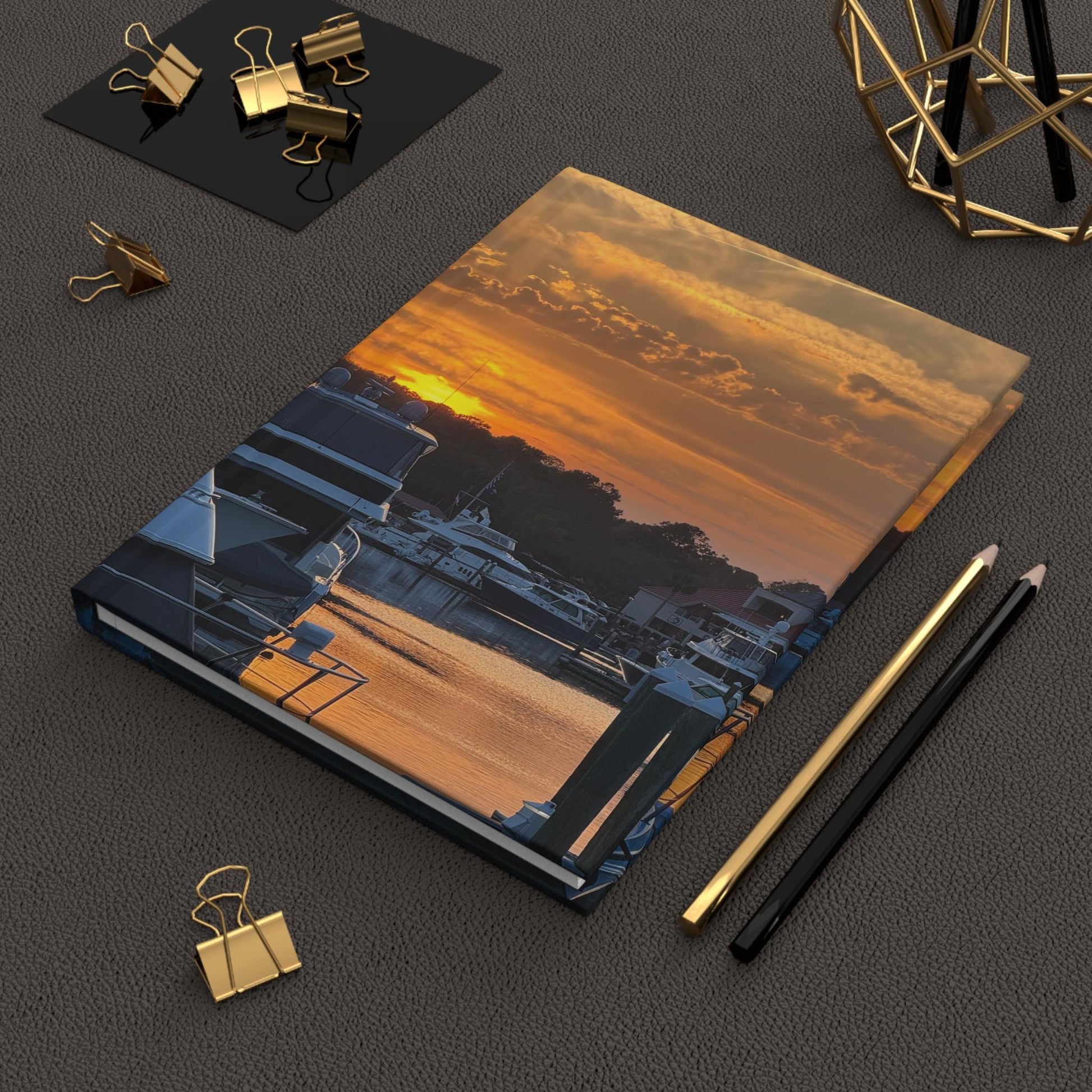 Hardcover Journal With Orange Sunset Over Shelter Cove Marina