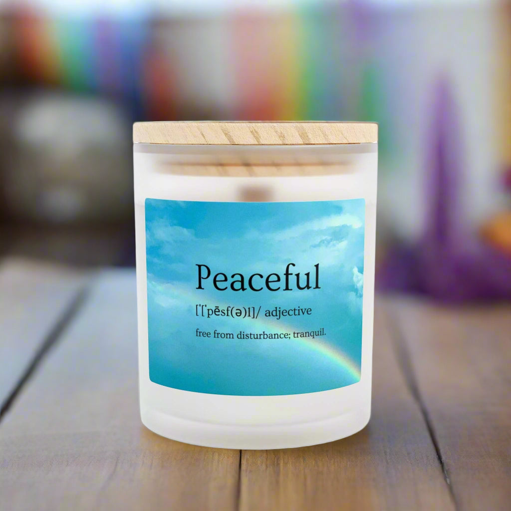 Wood Wick Container Candle "Peaceful" Definition With Rainbow In A Blue Sky (11 oz.)