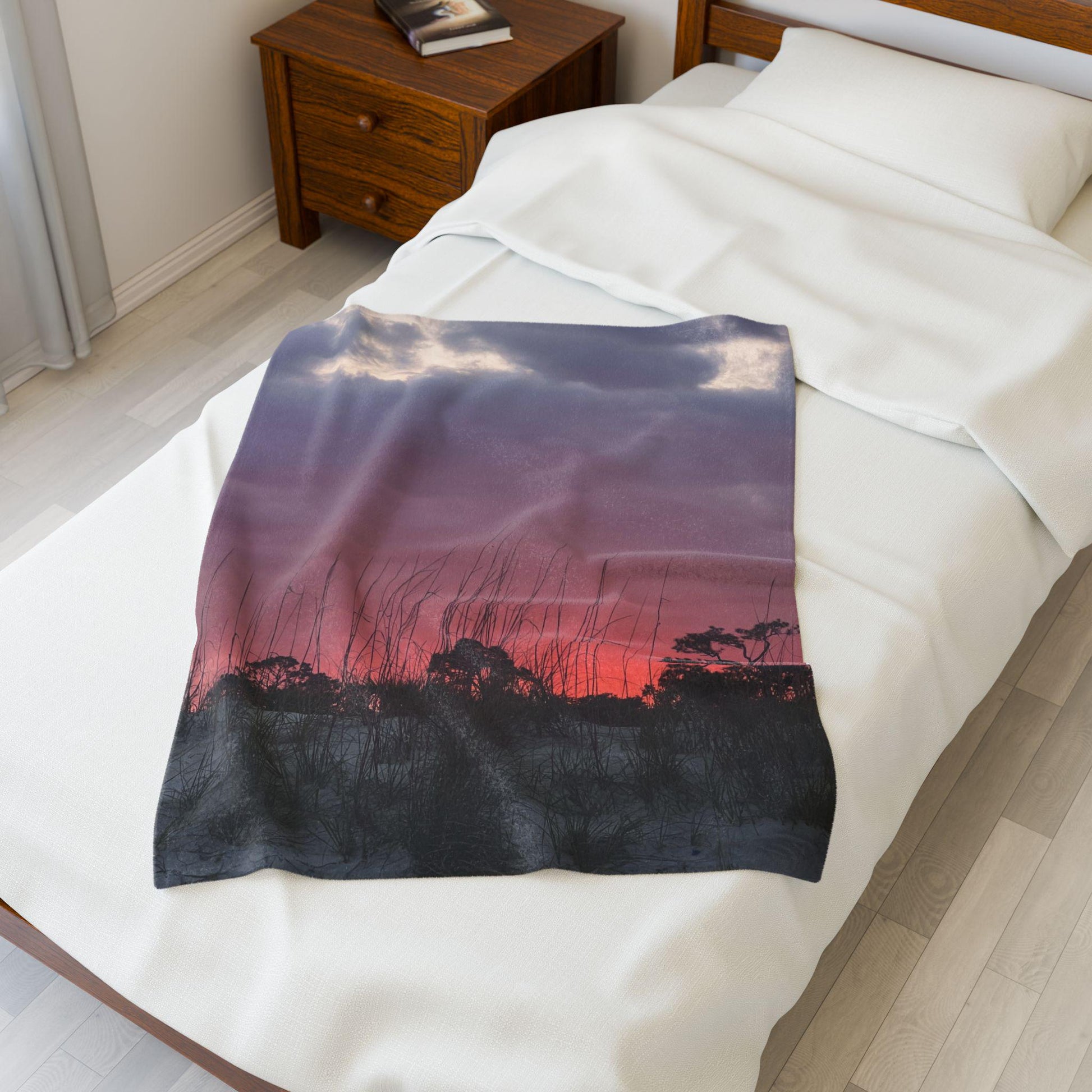 Velveteen Blanket With Purple and Orange Sunset And Dunes