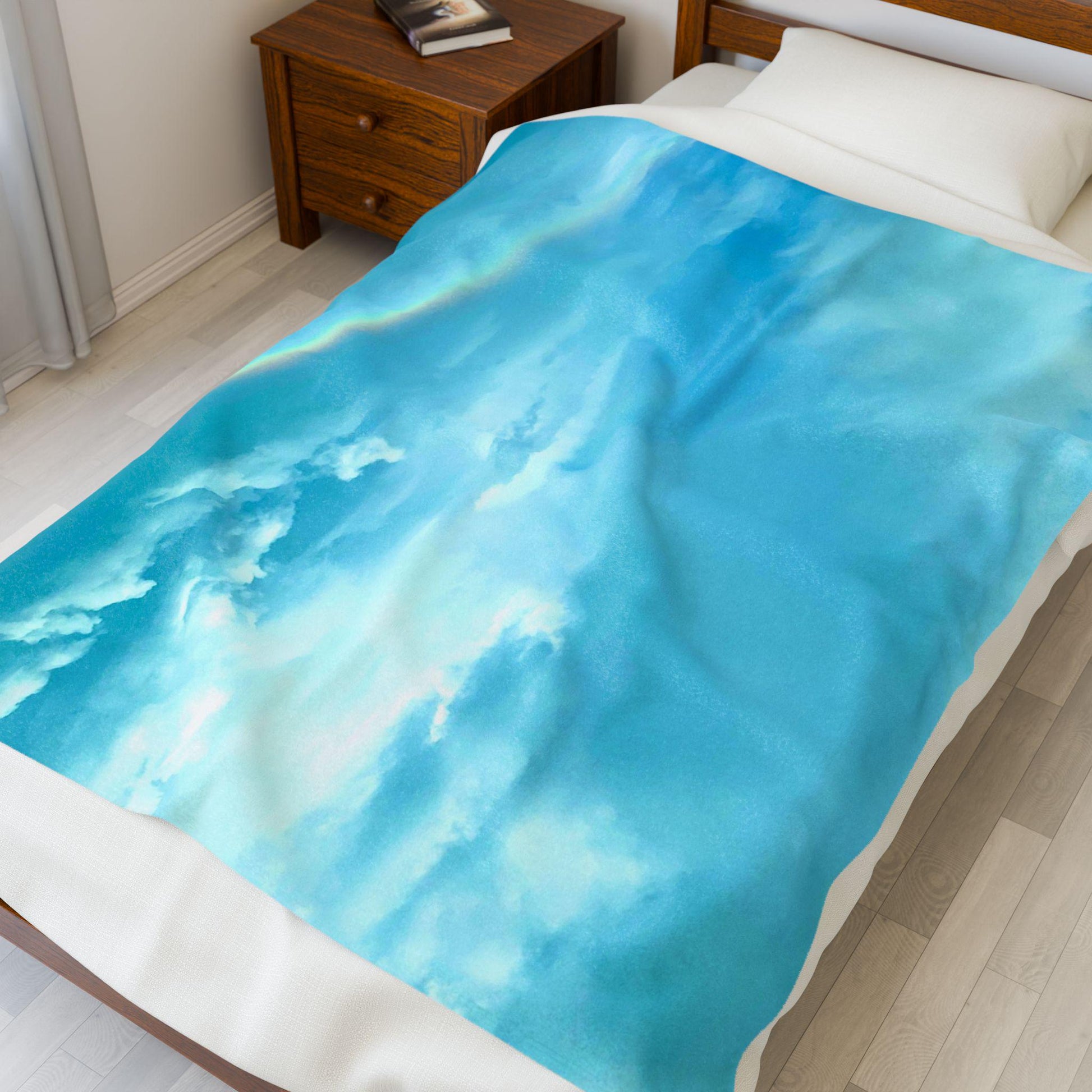 Velveteen Blanket With Blue Sky, Clouds and Rainbow