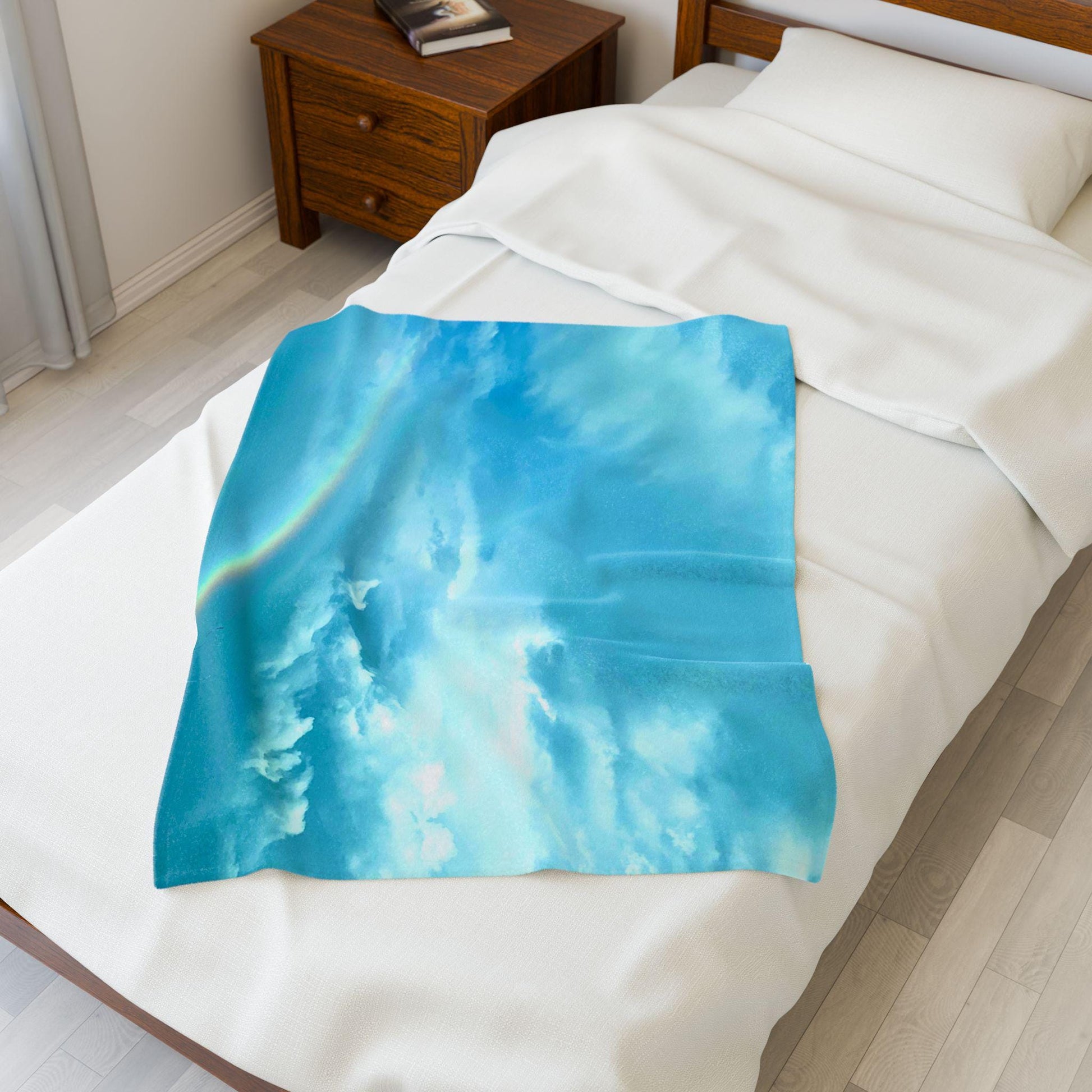 Velveteen Blanket With Blue Sky, Clouds and Rainbow