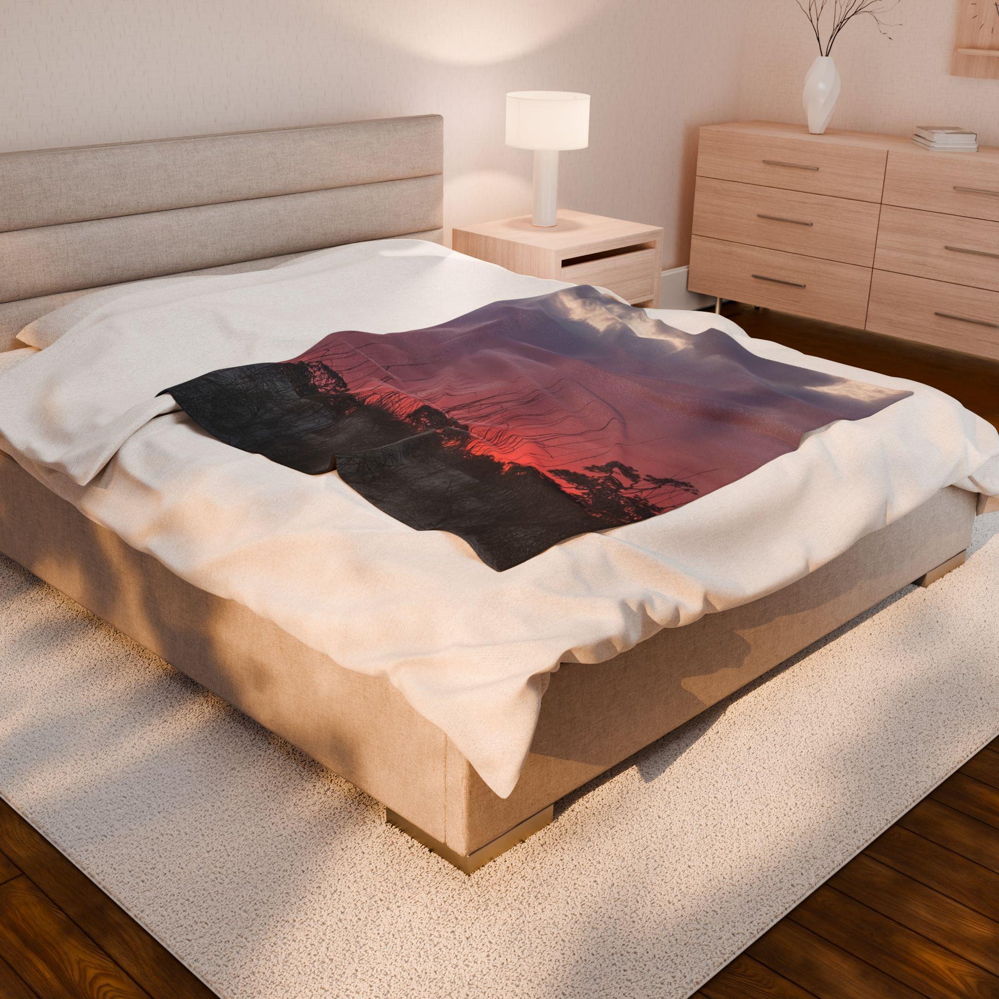 Velveteen Blanket With Purple and Orange Sunset And Dunes