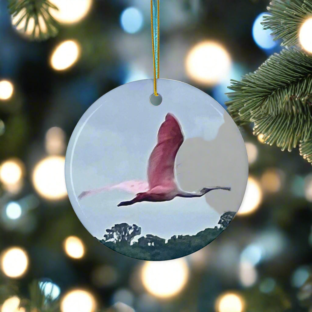 Christmas Ornament, Featuring Pink Spoonbill in flight