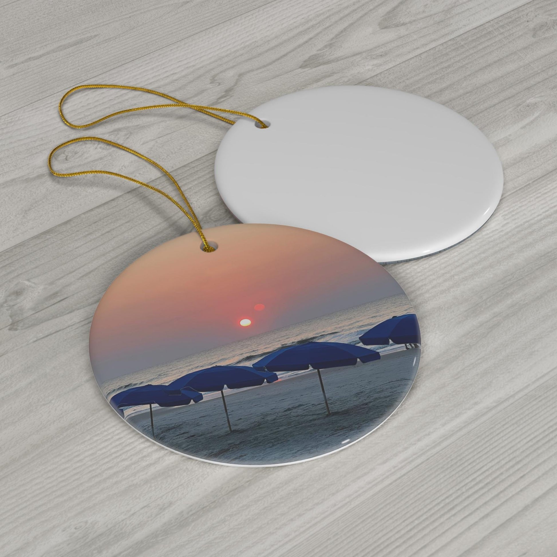 Christmas Ornament, With Blue Umbrellas On Hilton Head Island Beach