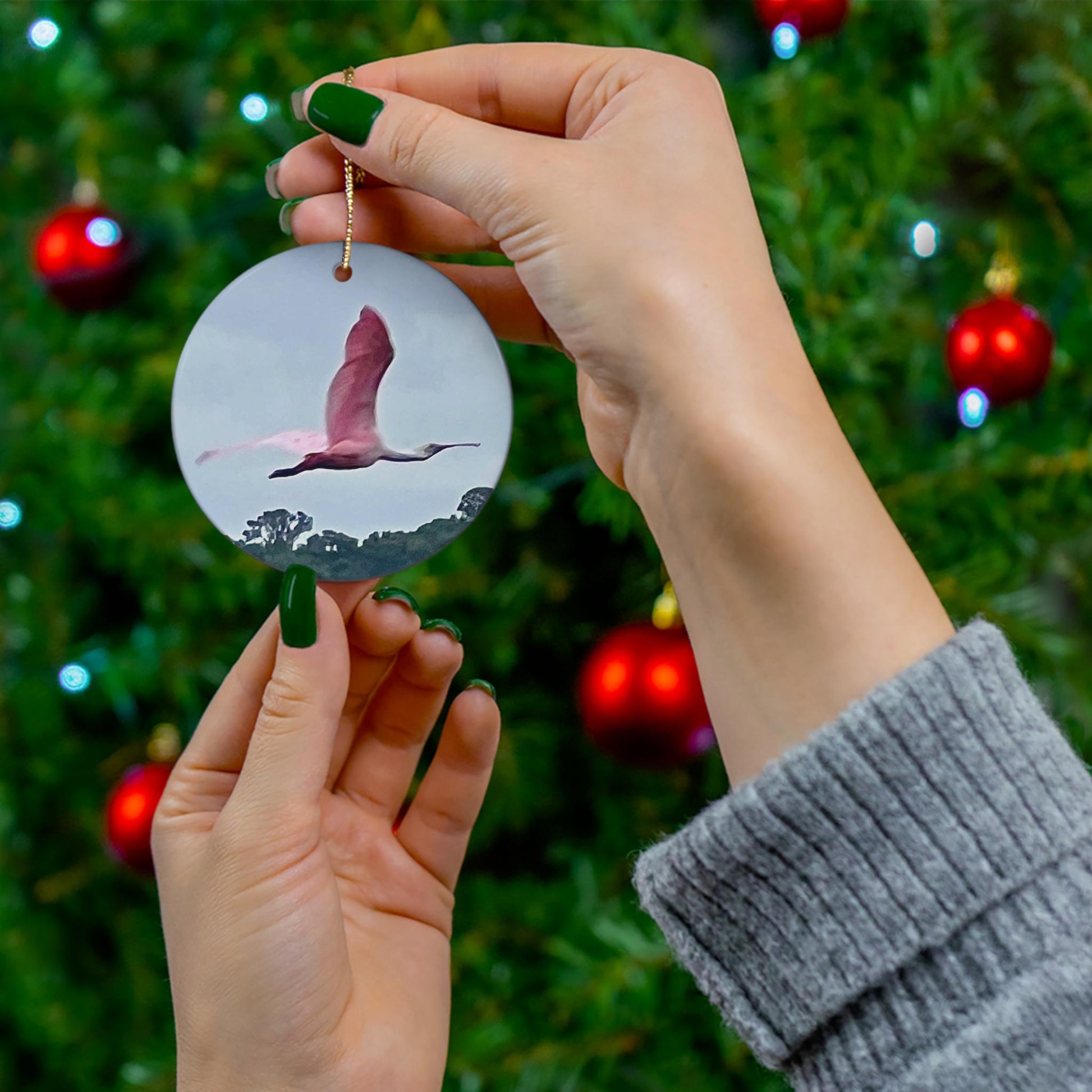 Christmas Ornament, Featuring Pink Spoonbill in flight