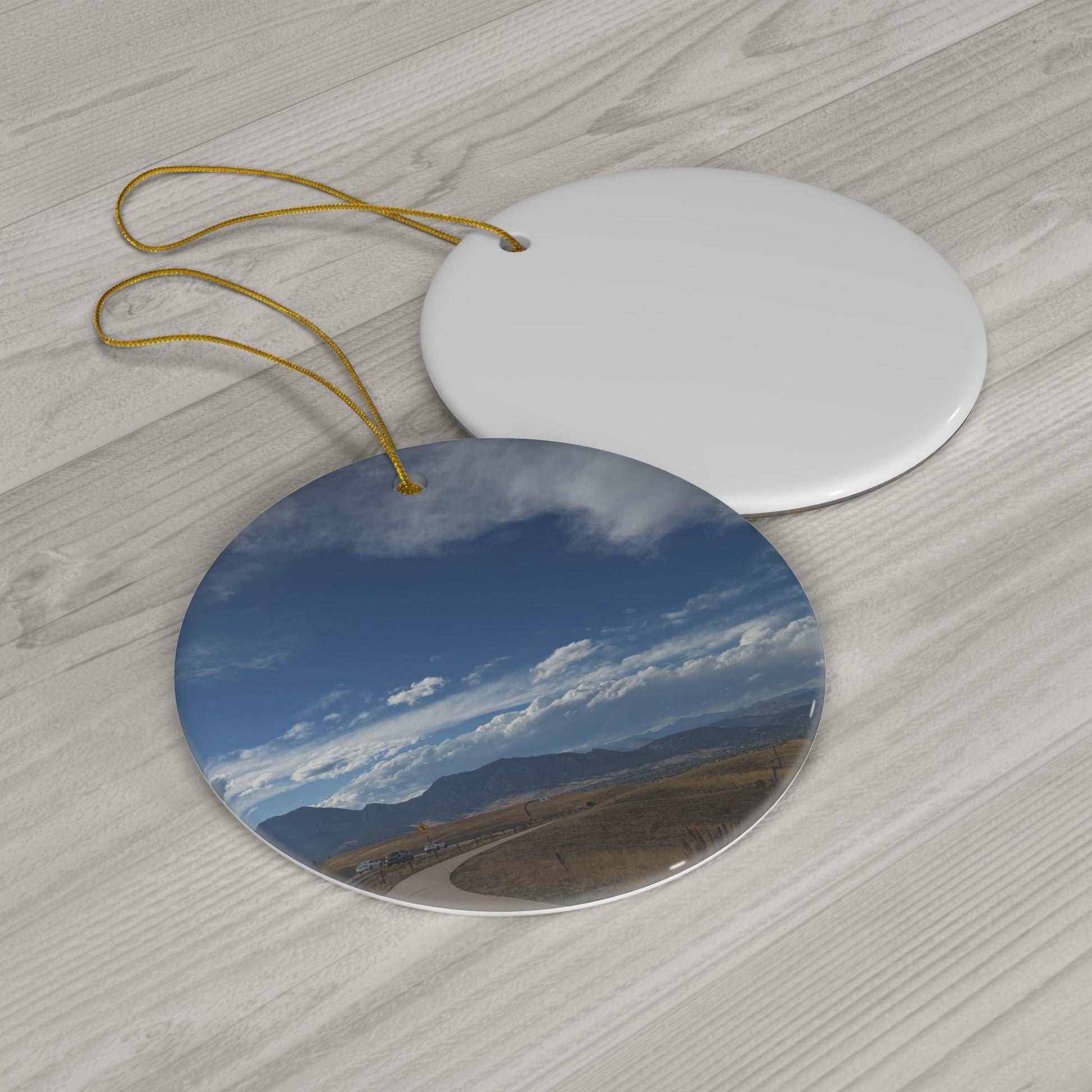 Christmas Ornament, overlooking a path and the Rocky Mountains in Colorado