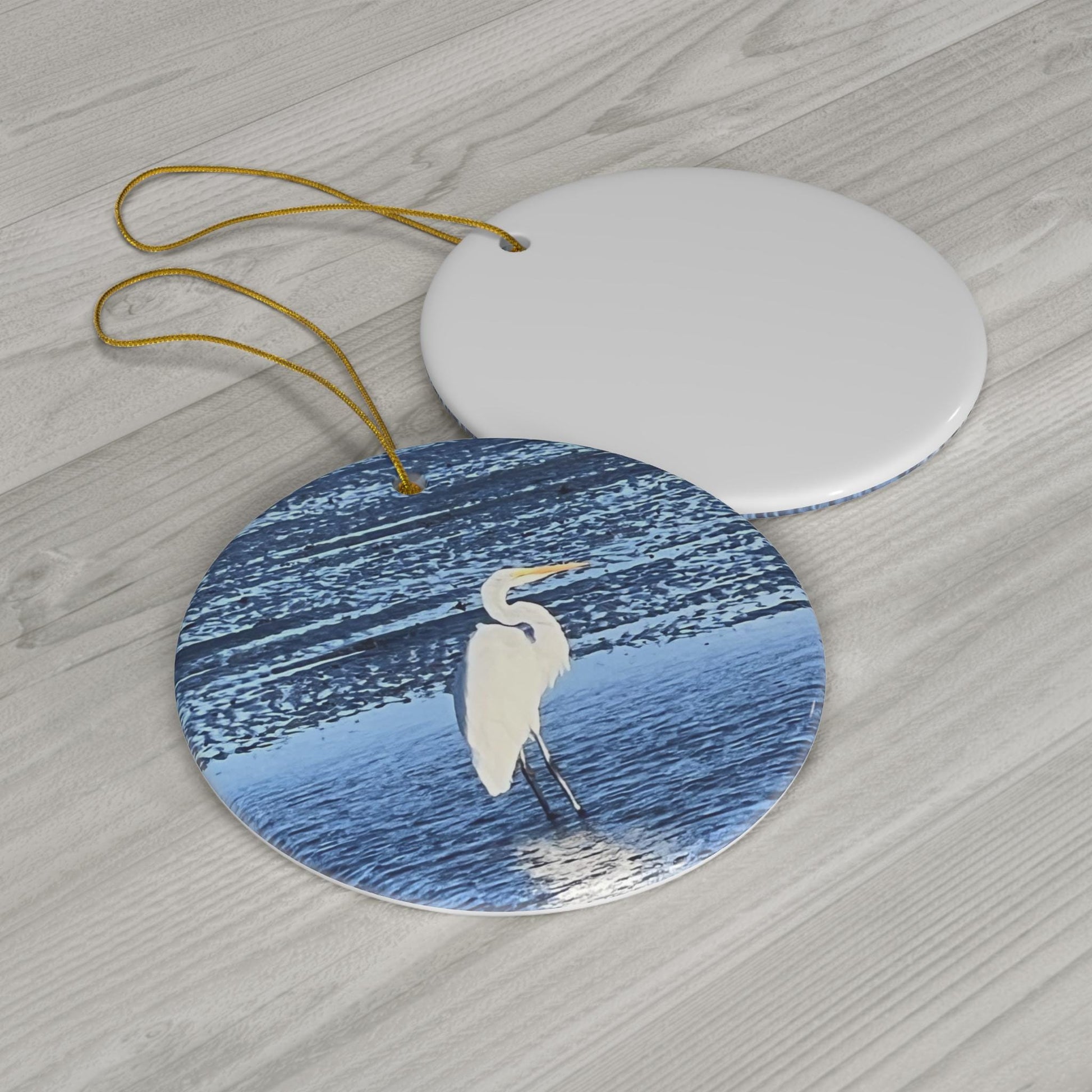 Christmas Ornament, With Great White Egret On Beach, Hilton Head Island