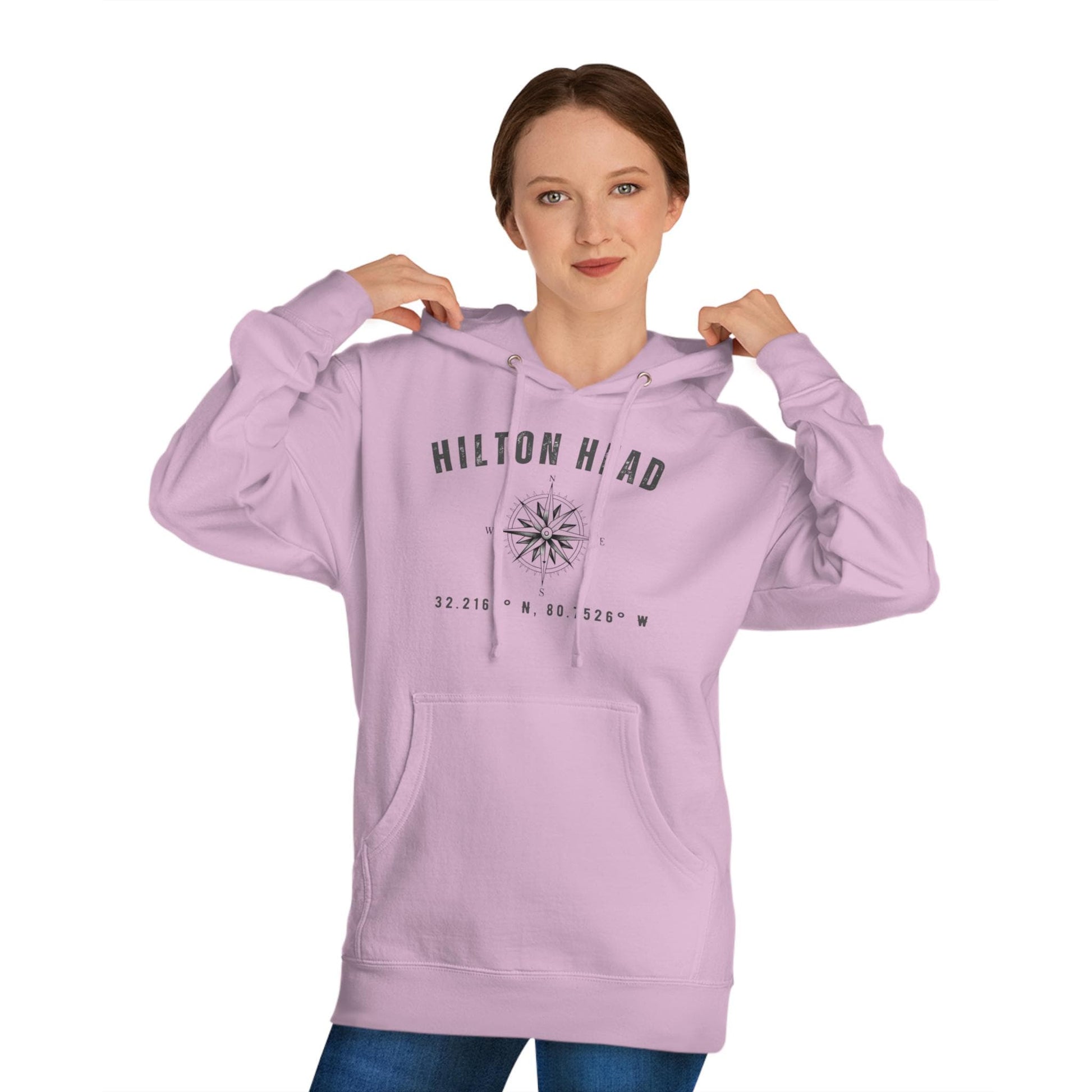 Hoodie Sweatshirt with Compass Rose and Latitude/Longitude Coordinates of HHI