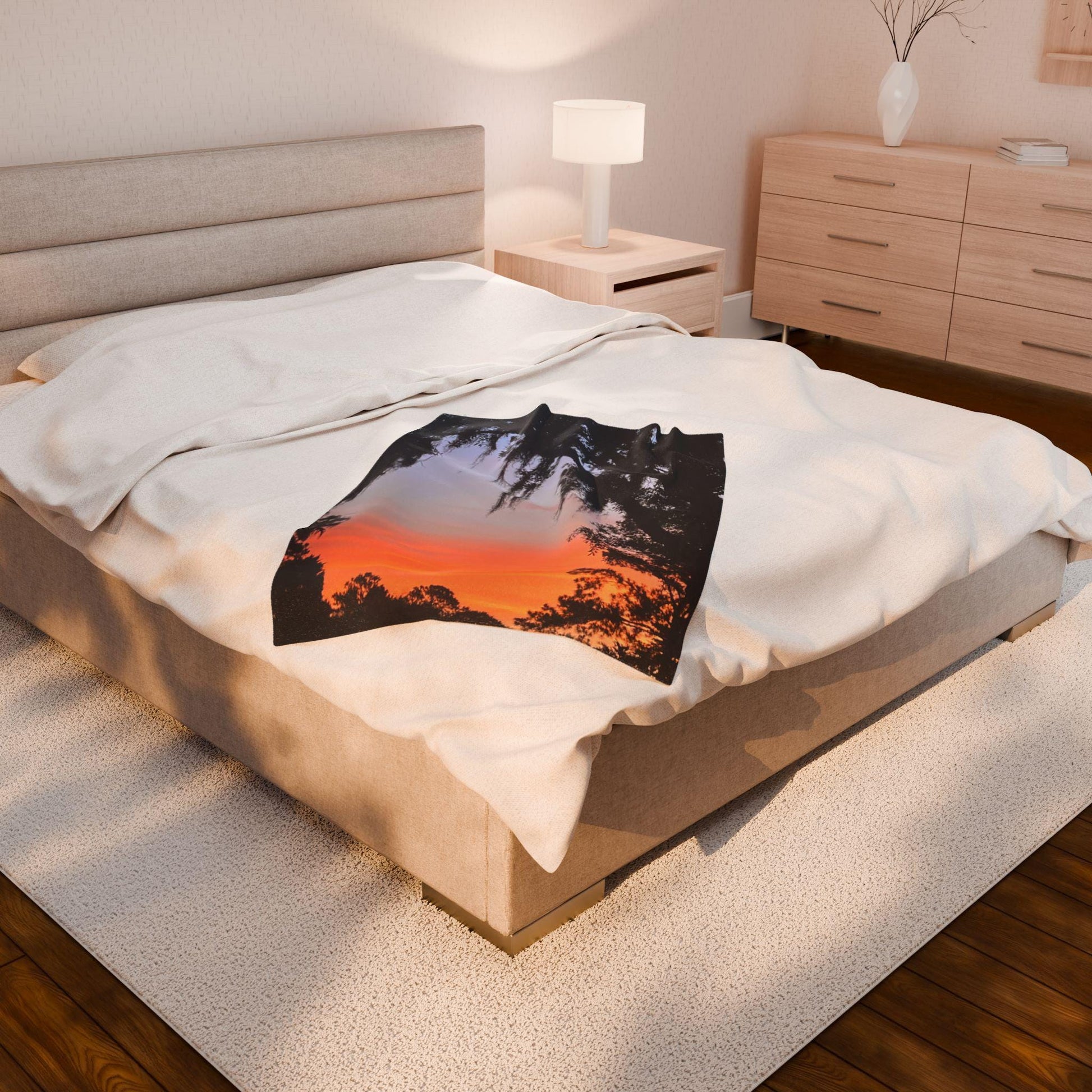 Velveteen Blanket with Image of Live Oak and Spanish Moss At Sunset