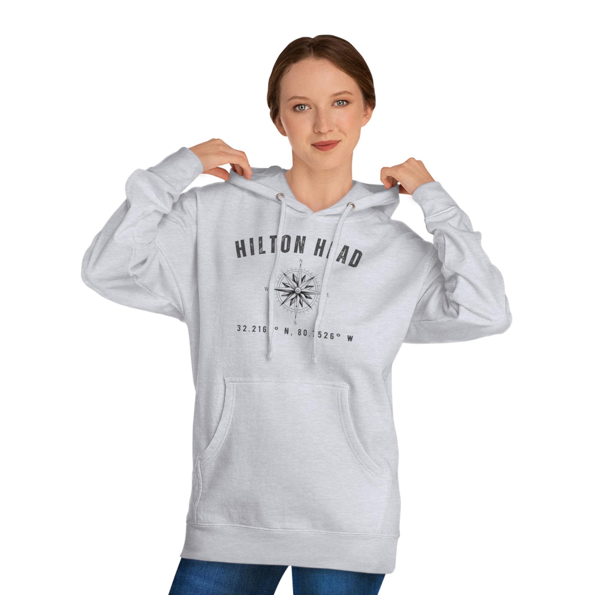 Hoodie Sweatshirt with Compass Rose and Latitude/Longitude Coordinates of HHI
