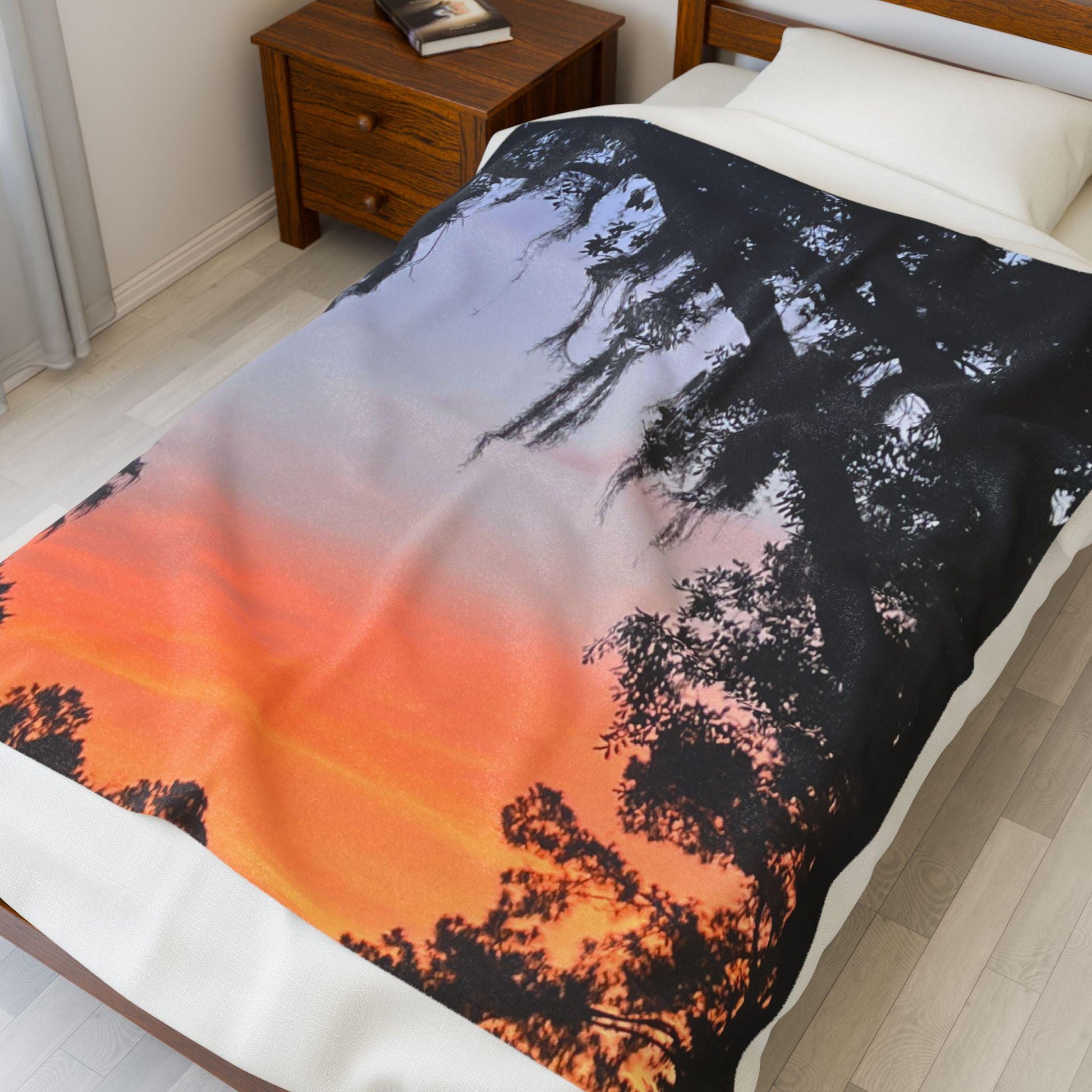 Velveteen Blanket with Image of Live Oak and Spanish Moss At Sunset