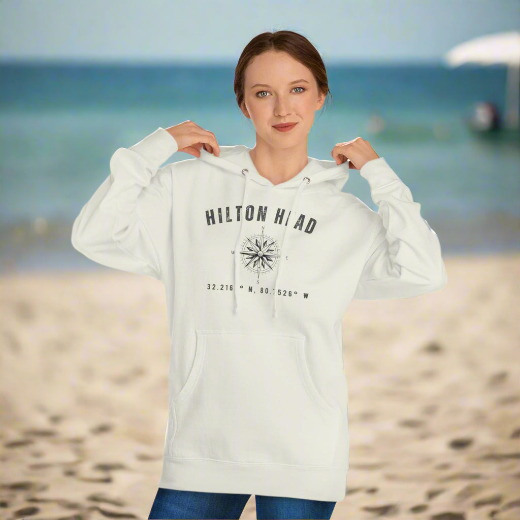 Hoodie Sweatshirt with Compass Rose and Latitude/Longitude Coordinates of HHI