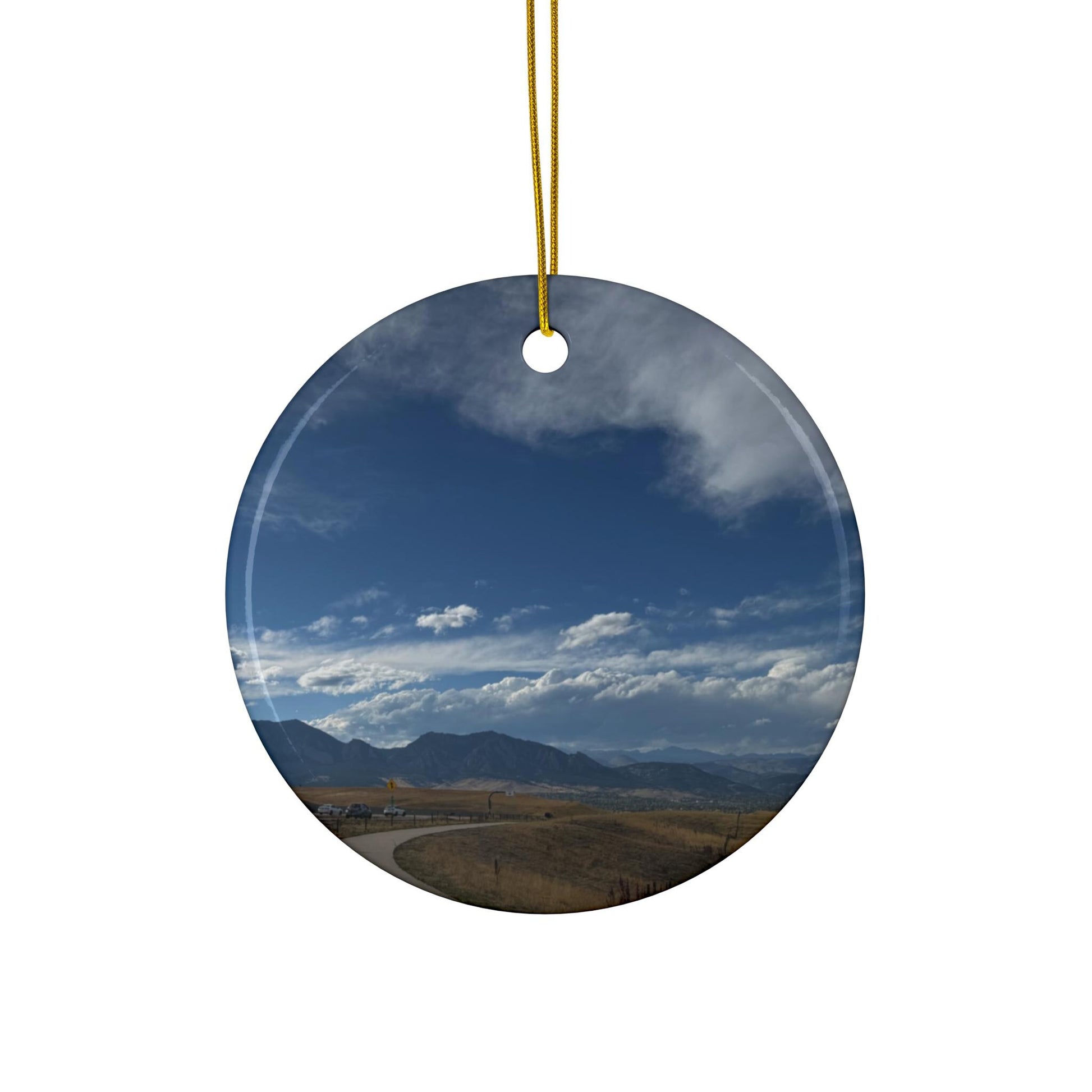 Christmas Ornament, overlooking a path and the Rocky Mountains in Colorado