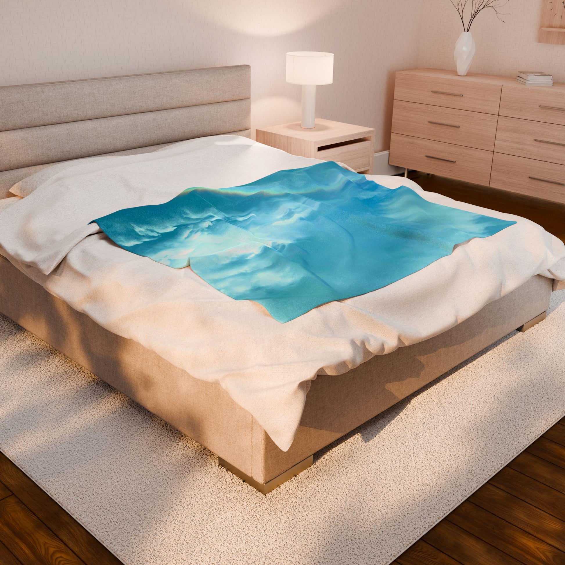 Velveteen Blanket With Blue Sky, Clouds and Rainbow