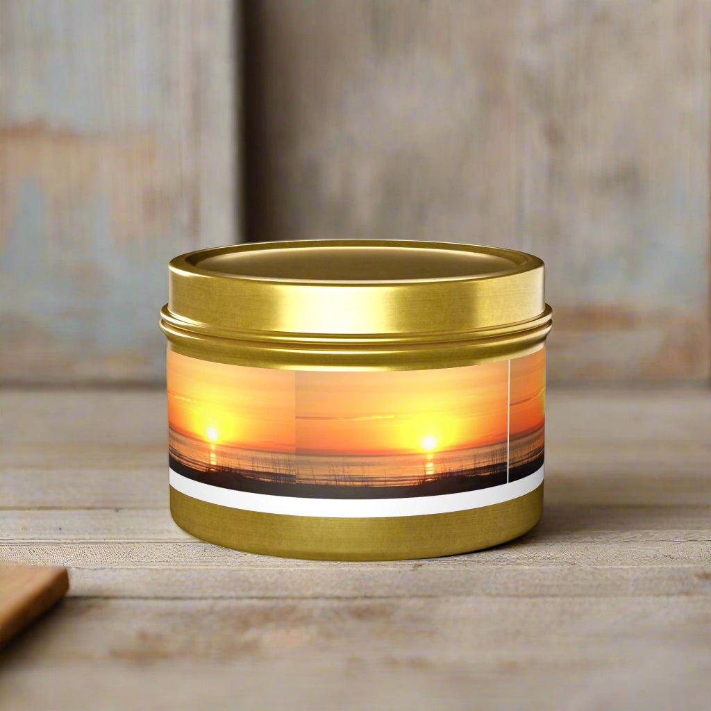 Container Candle With Orange Sunset Over Ocean, HHI (4 oz.)