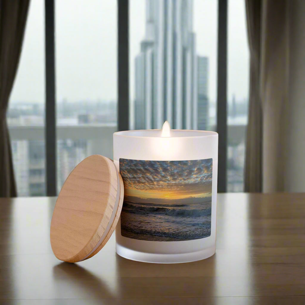 Wood Wick Container Candle With Sunrise And Clouds on HHI (11 oz.)