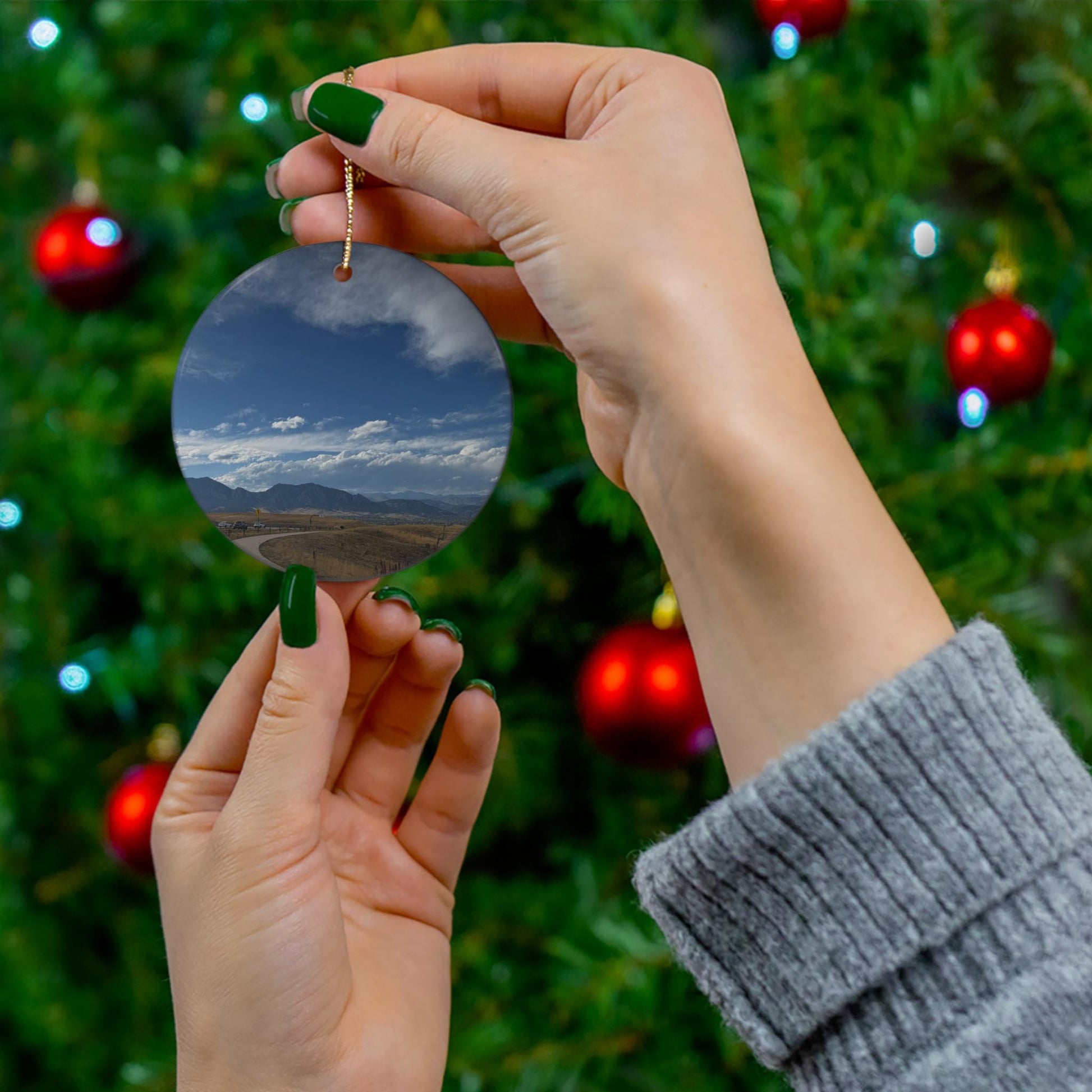 Christmas Ornament, overlooking a path and the Rocky Mountains in Colorado