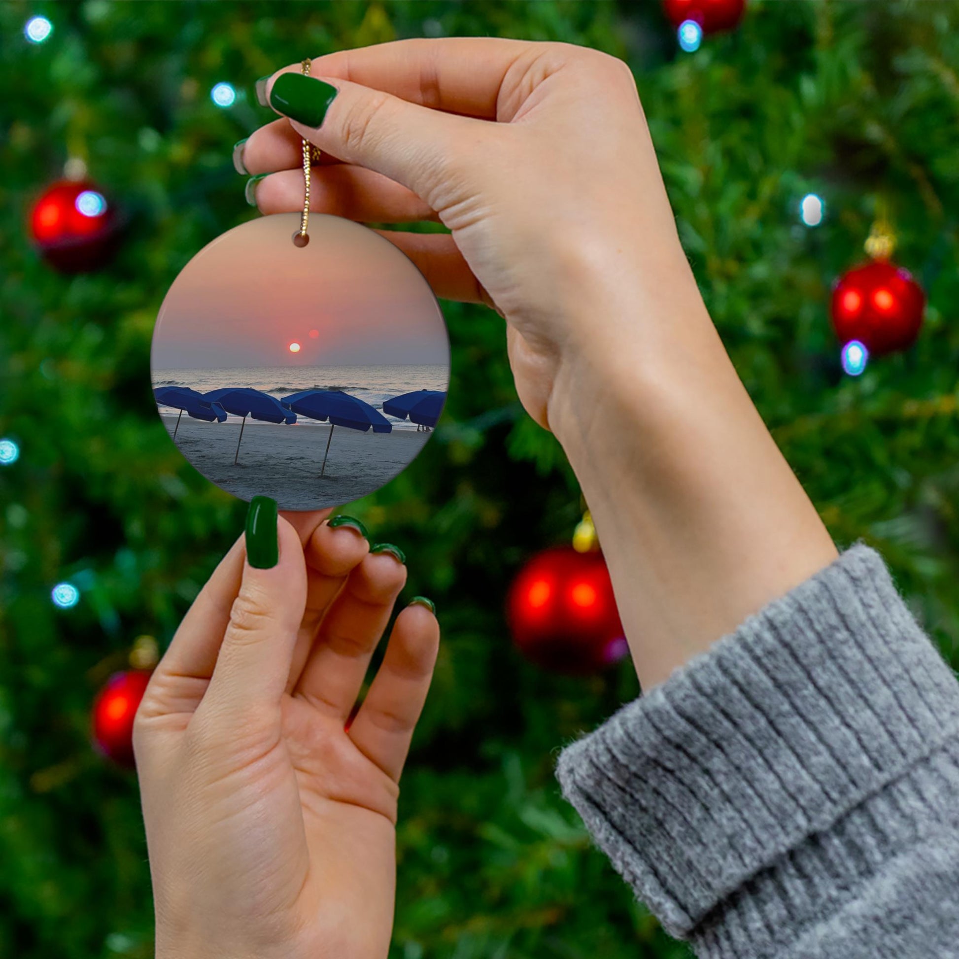Christmas Ornament, With Blue Umbrellas On Hilton Head Island Beach