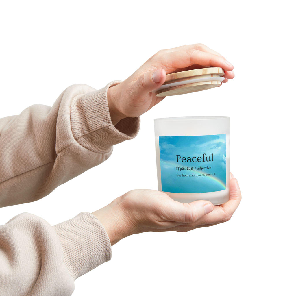 Wood Wick Container Candle "Peaceful" Definition With Rainbow In A Blue Sky (11 oz.)