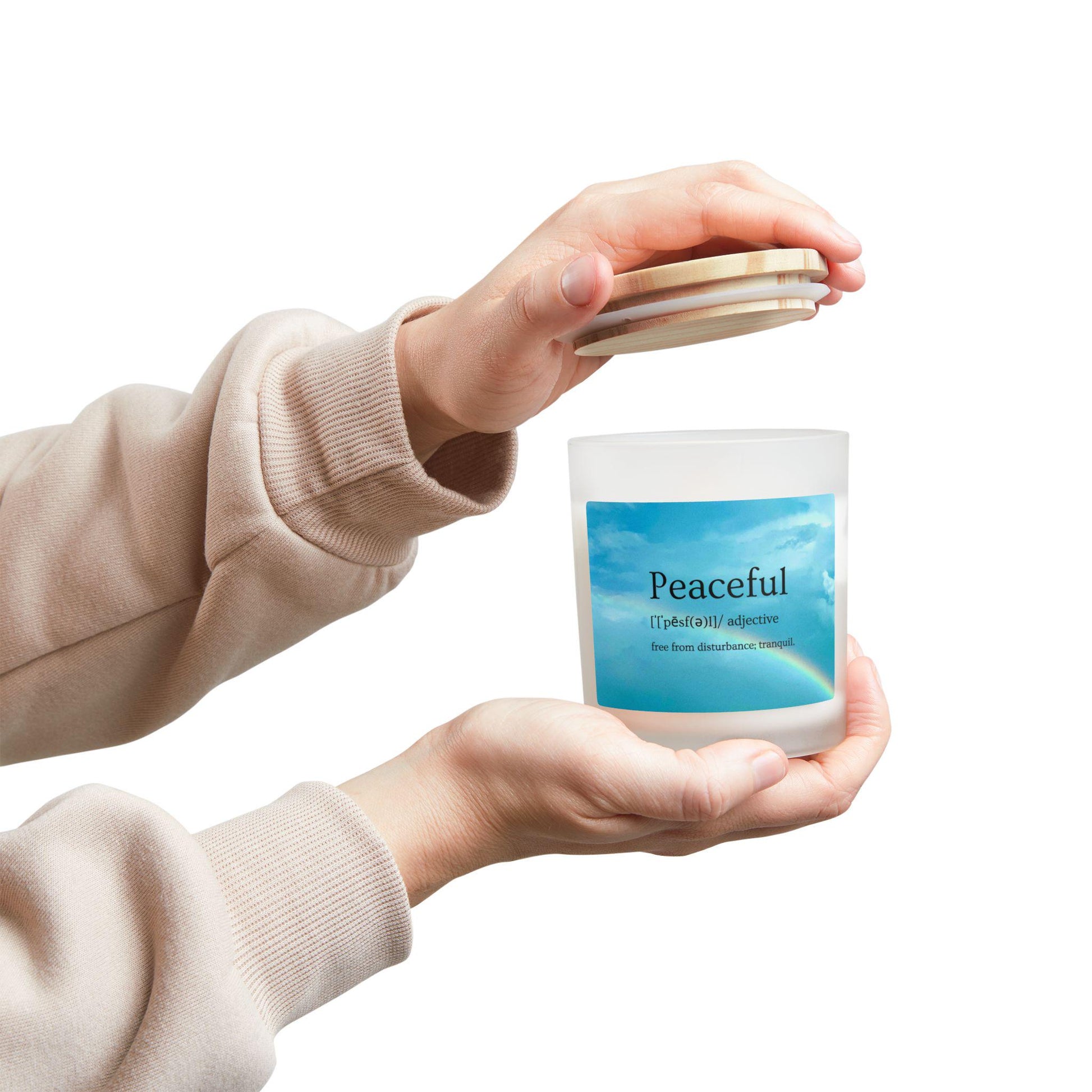 Wood Wick Container Candle "Peaceful" Definition With Rainbow In A Blue Sky (11 oz.)