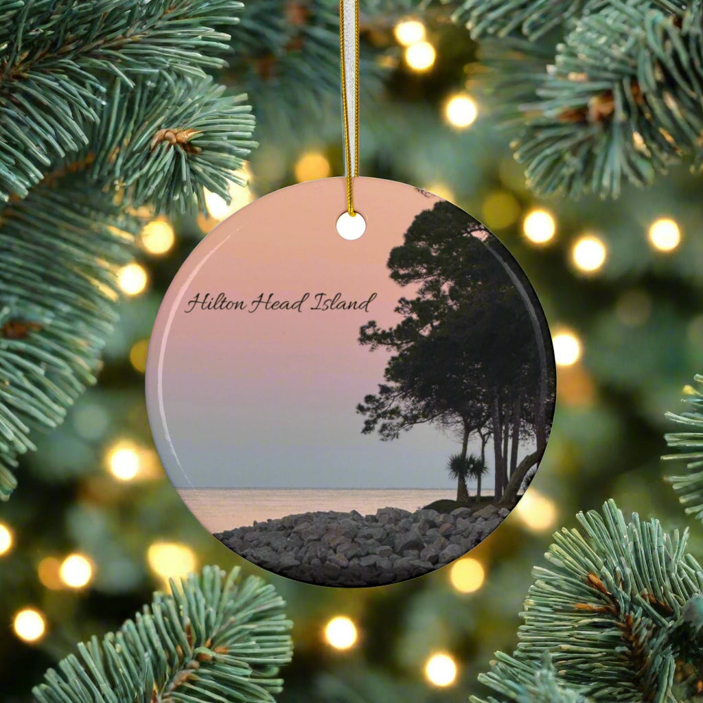 Christmas Ornament, Live Oak, Ocean at Sunset