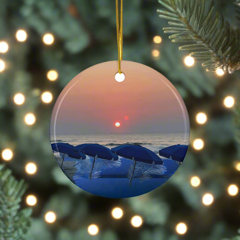 Christmas Ornament, With Blue Umbrellas On Hilton Head Island Beach