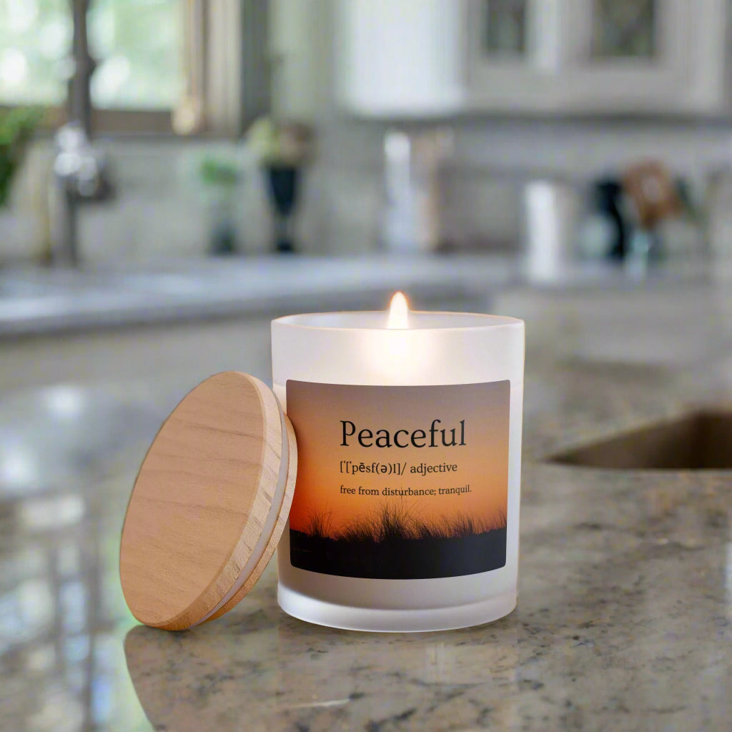 Wood Wick Container Candle "Peaceful" Definition Orange Sunset On HHI (11 oz.)
