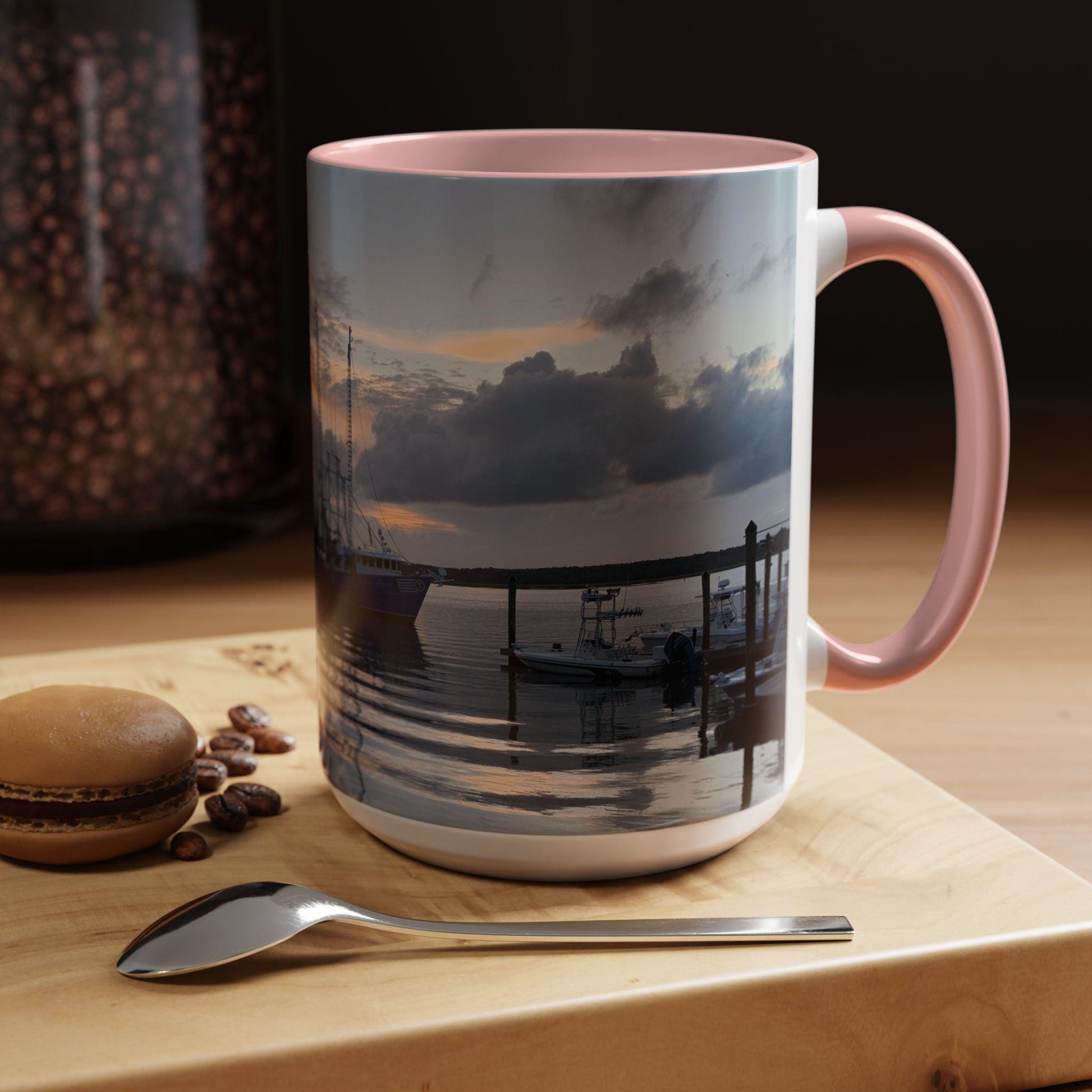 Coffee Mug With Fishing Boat At Sunset on HHI, (15 oz.)