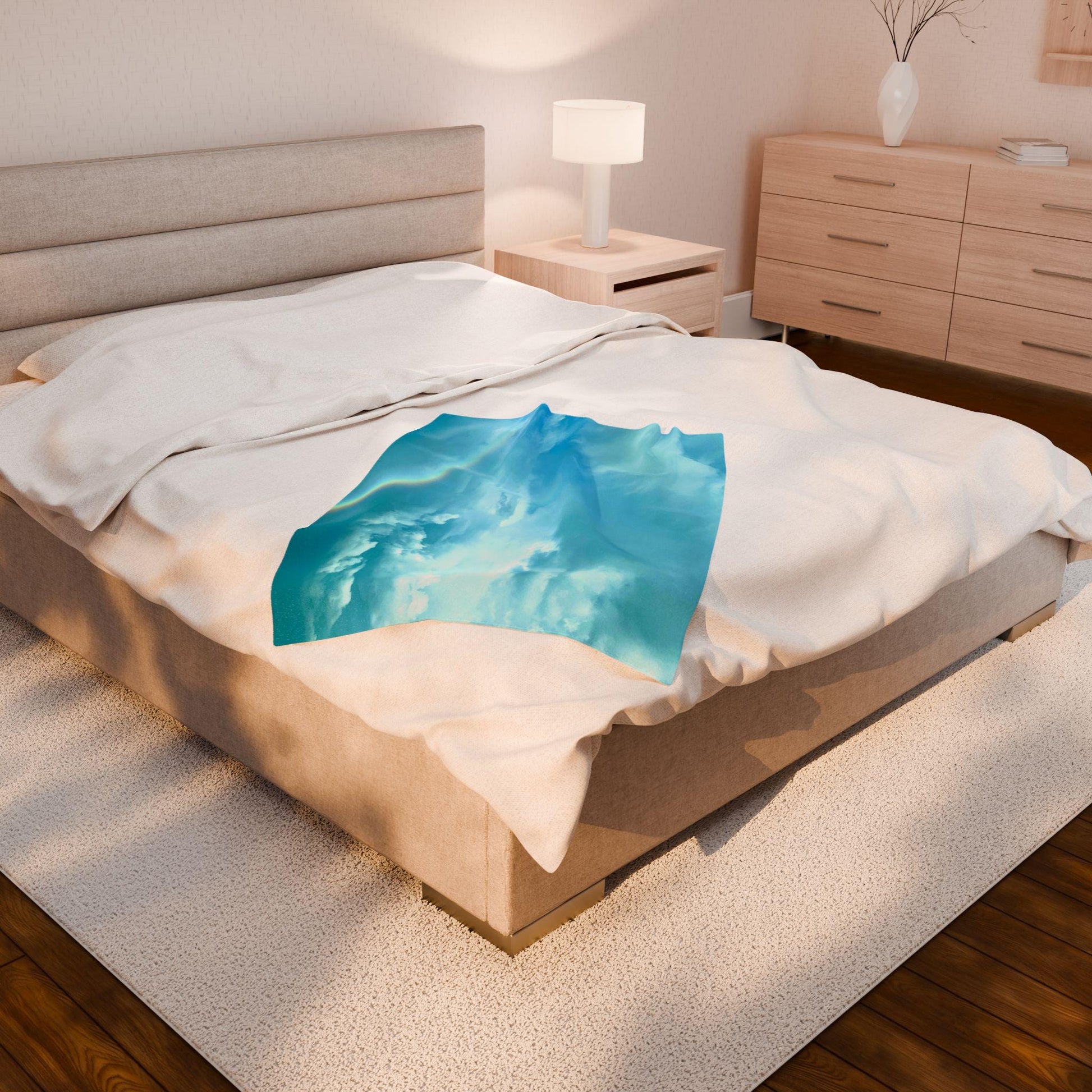 Velveteen Blanket With Blue Sky, Clouds and Rainbow