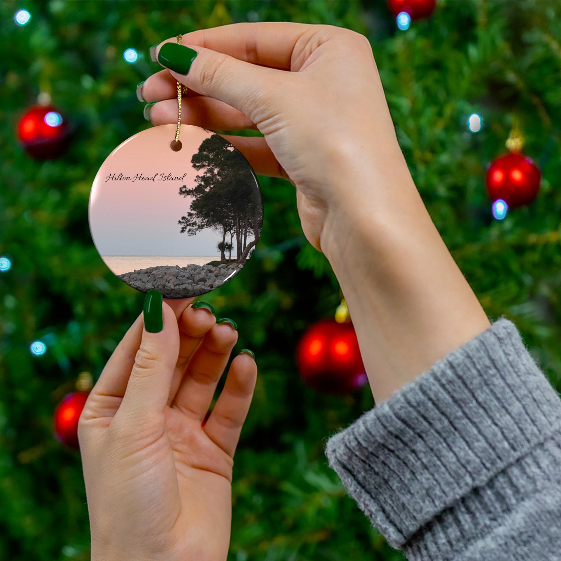 Christmas Ornament, Live Oak, Ocean at Sunset