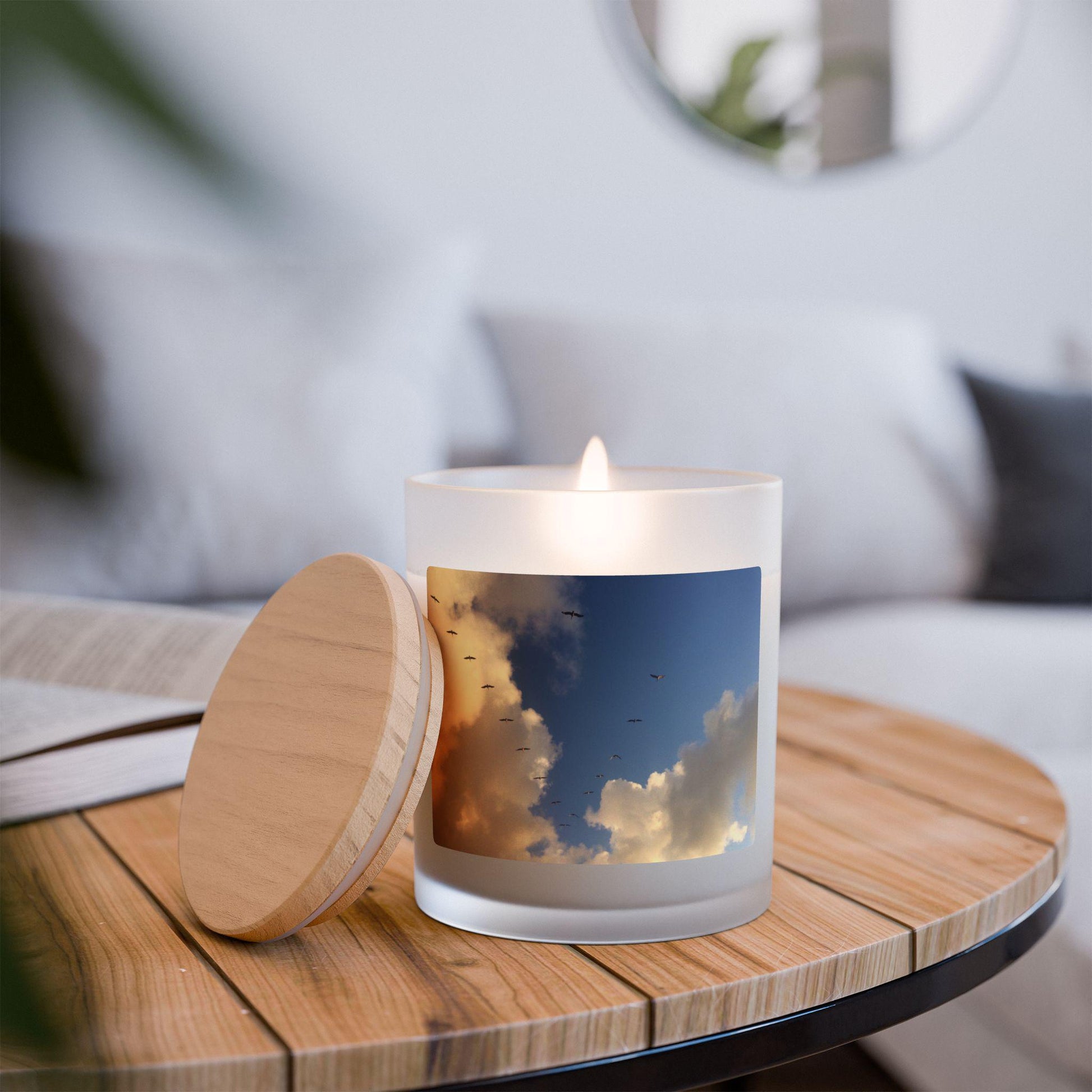 Wood Wick Container Candle Sand Hill Cranes In Blue Sky and clouds (11 oz.)